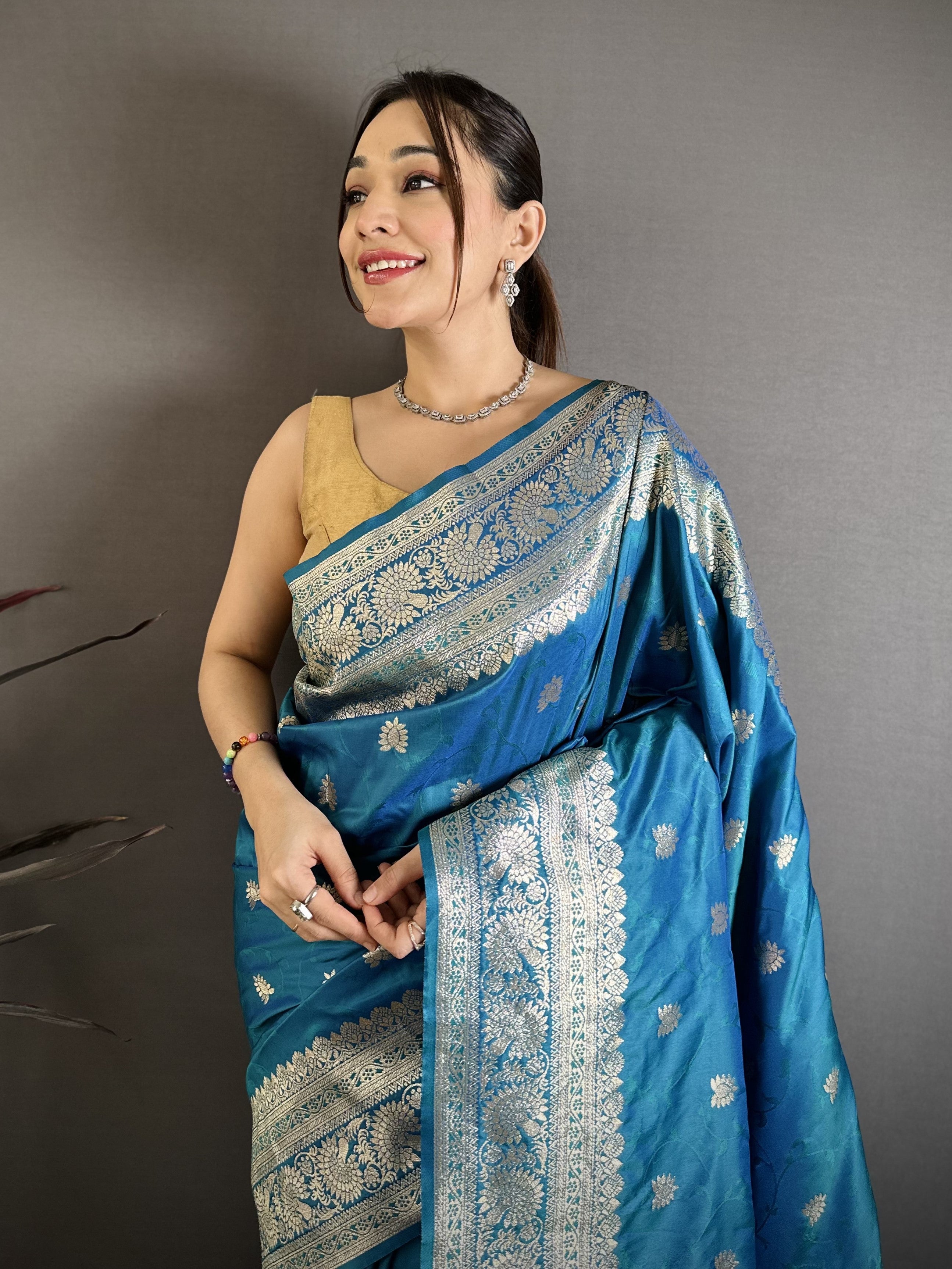 Teal Blue Pure Banarasi Silk Saree