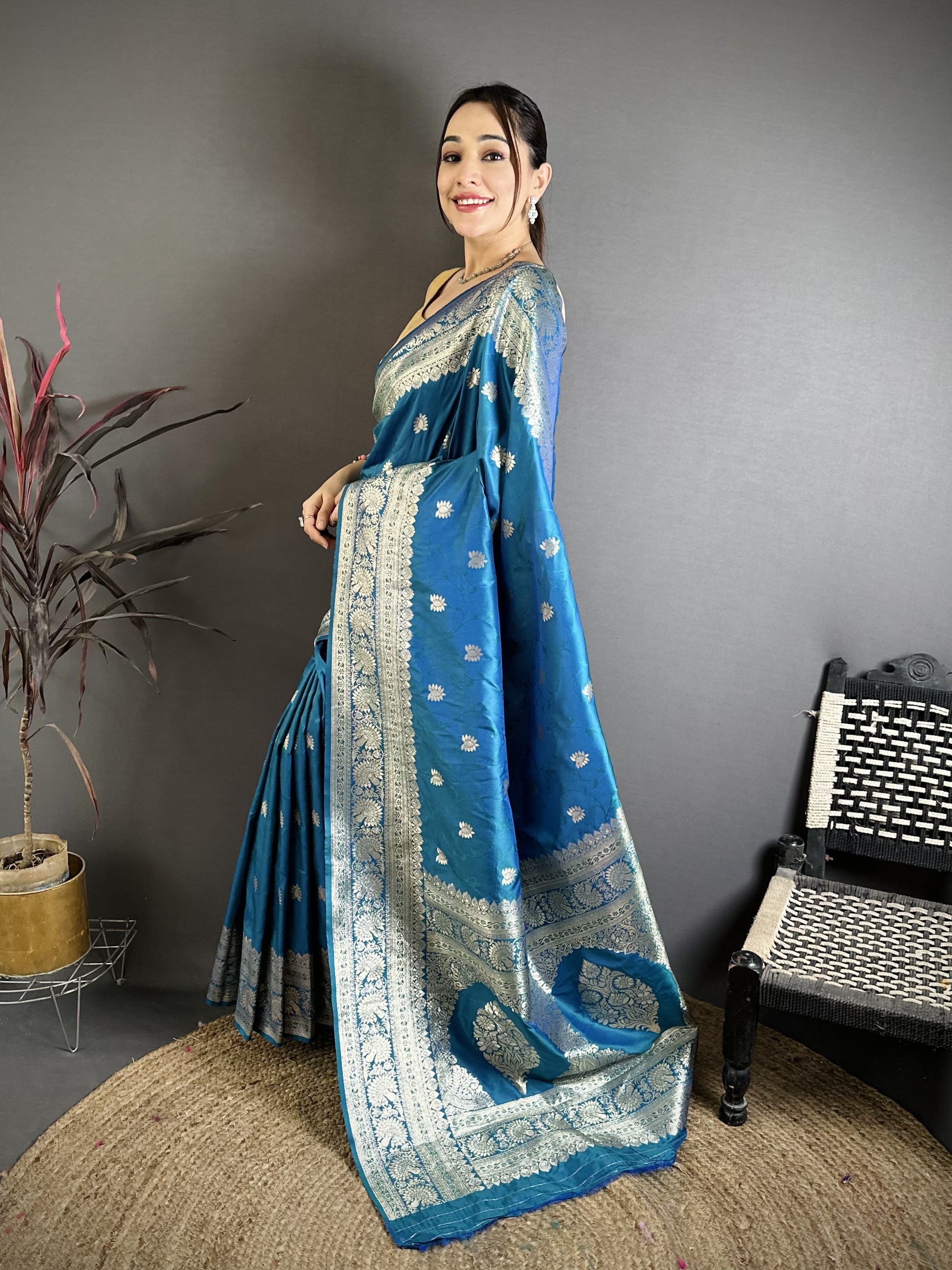 Teal Blue Pure Banarasi Silk Saree