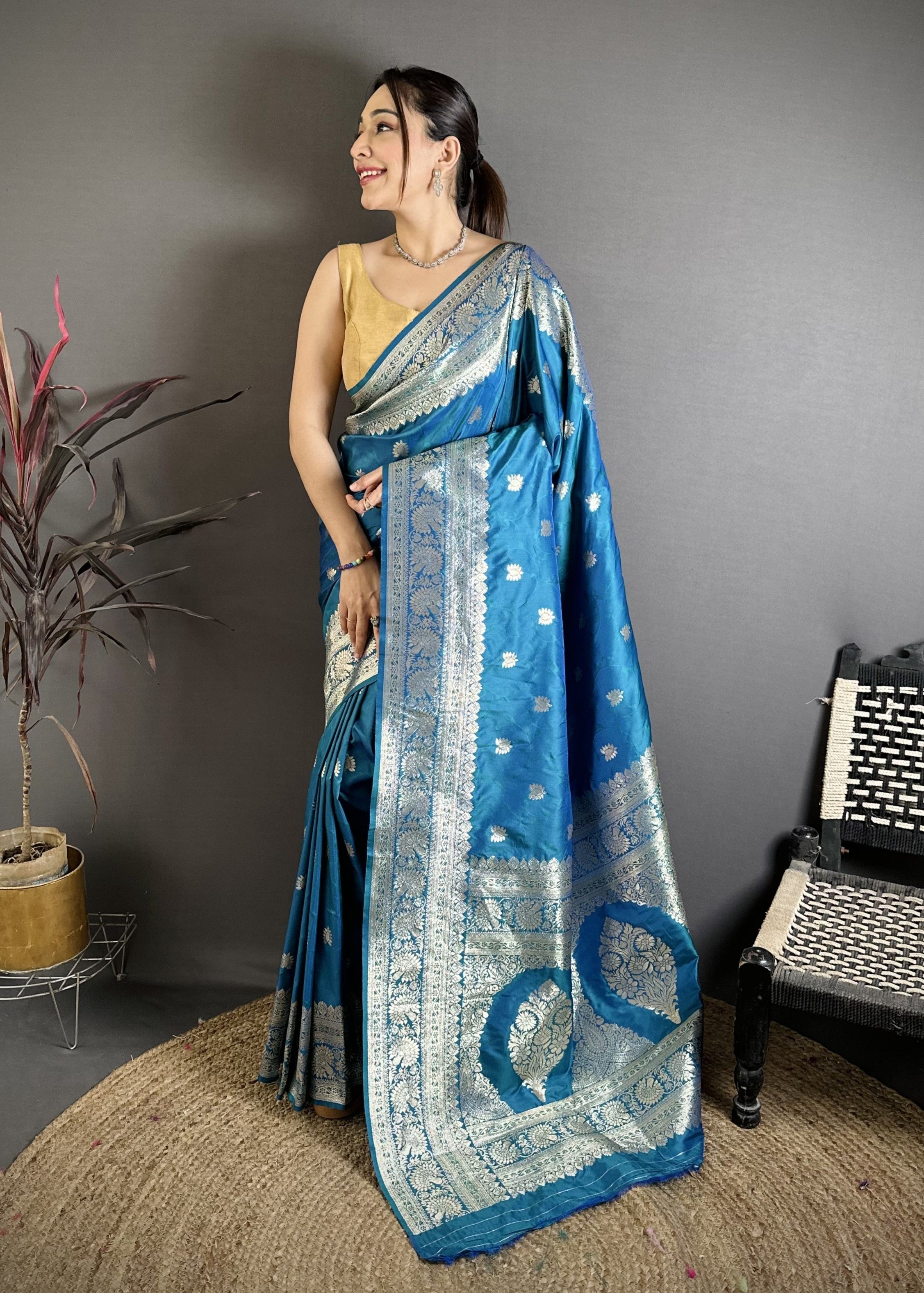 Teal Blue Pure Banarasi Silk Saree