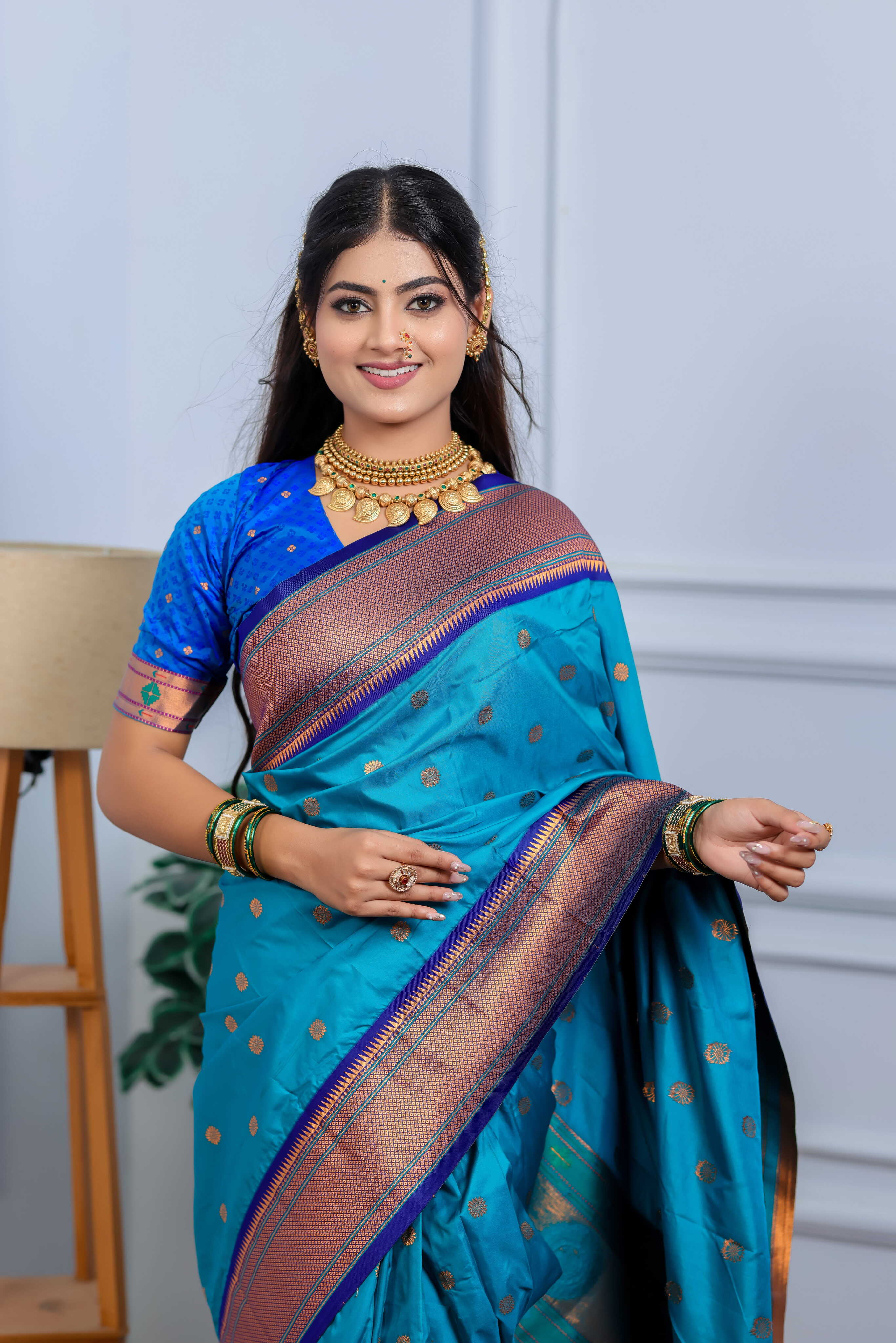 Teal Blue Silk Fabric Weaving Paithani Saree
