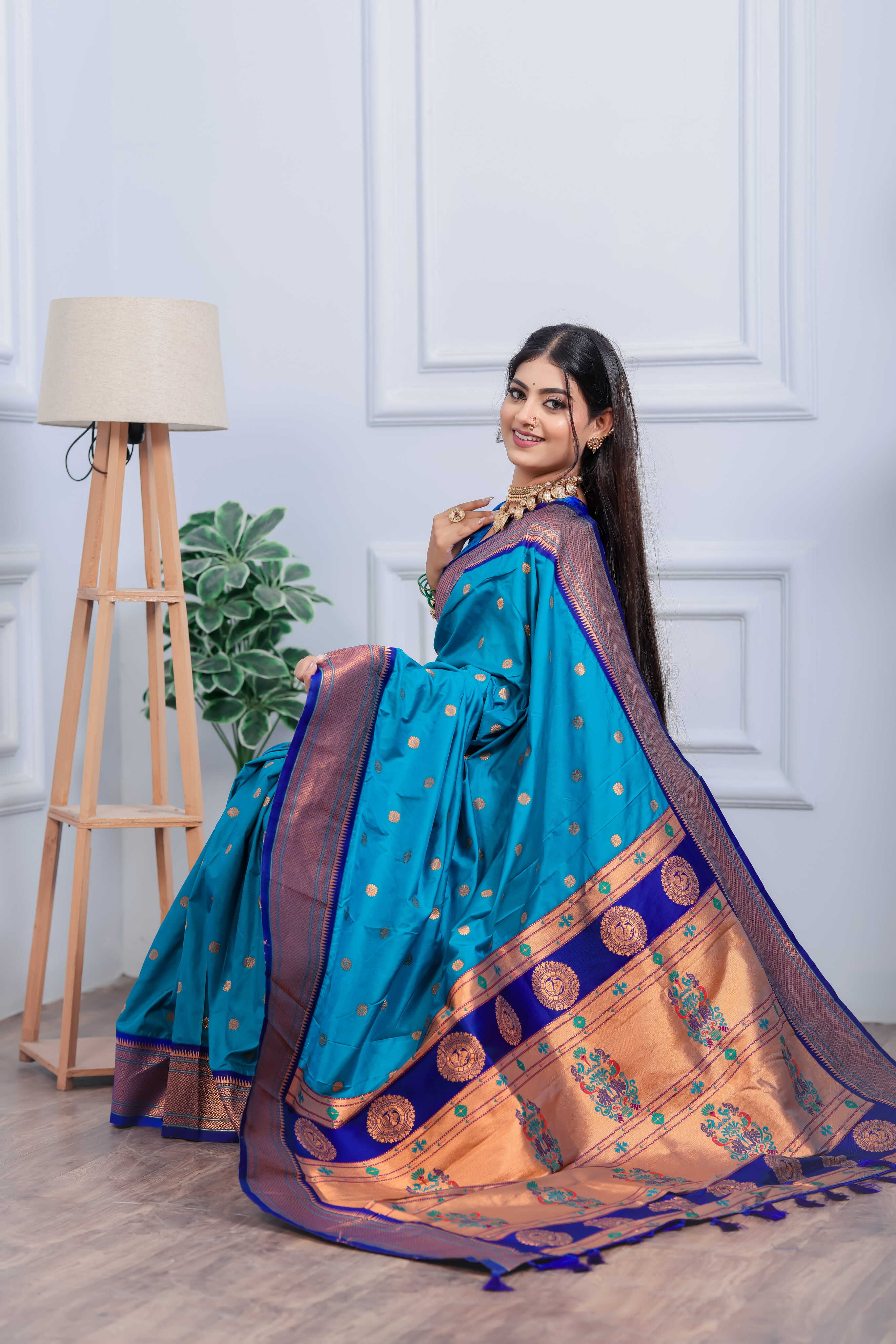 Teal Blue Silk Fabric Weaving Paithani Saree