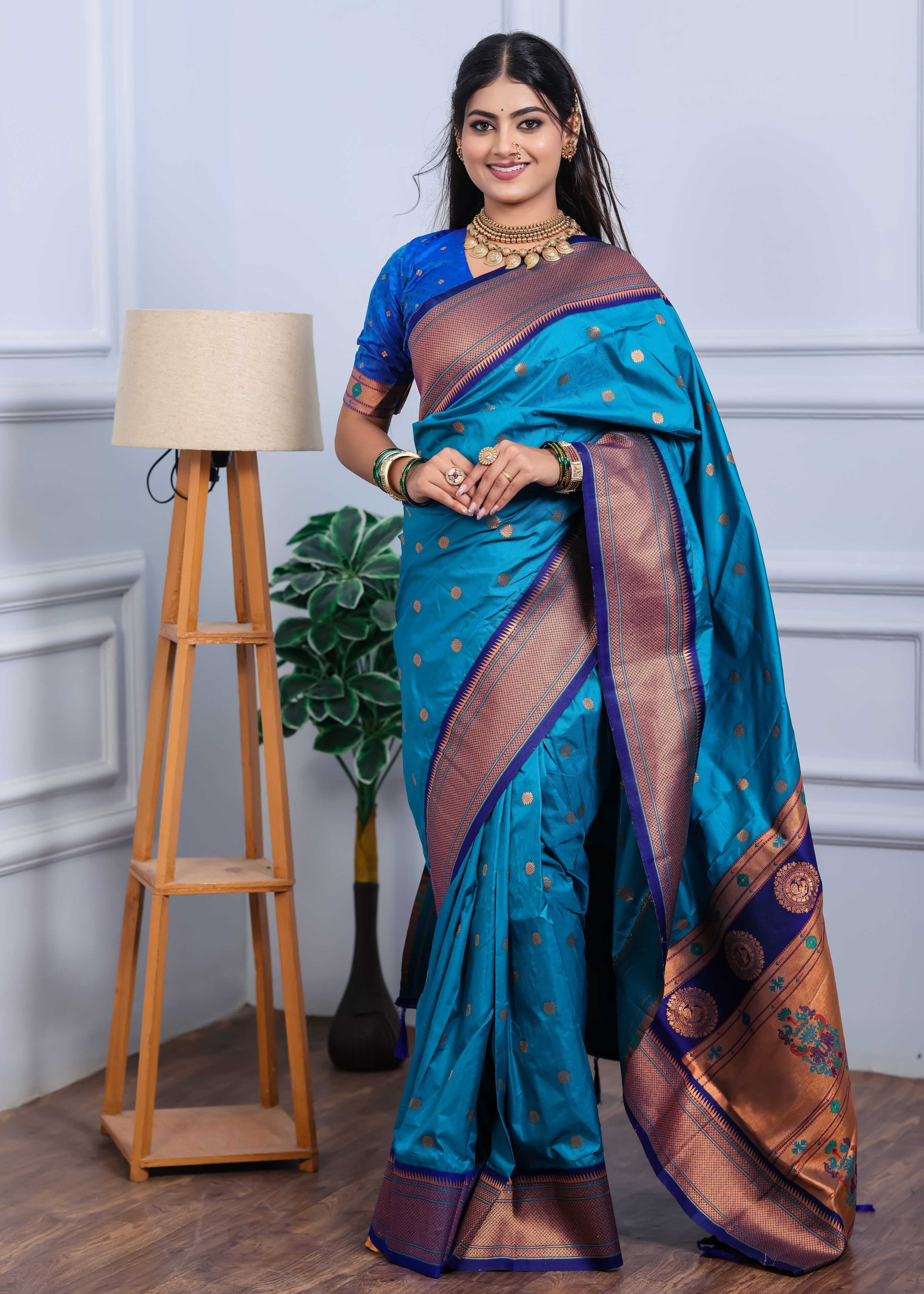 Teal Blue Silk Fabric Weaving Paithani Saree
