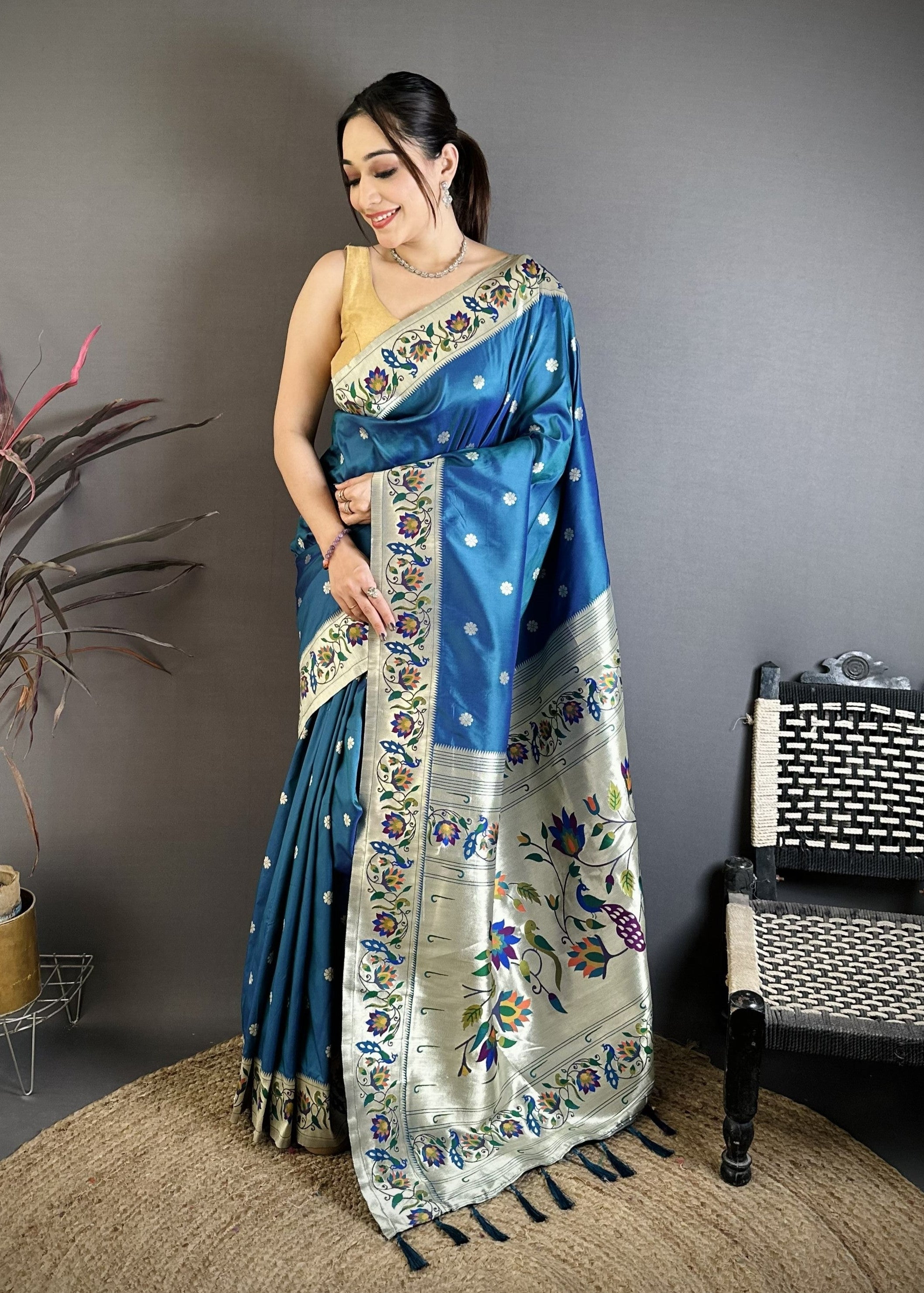 Teal Blue Silk Weaving Paithani Silk Saree
