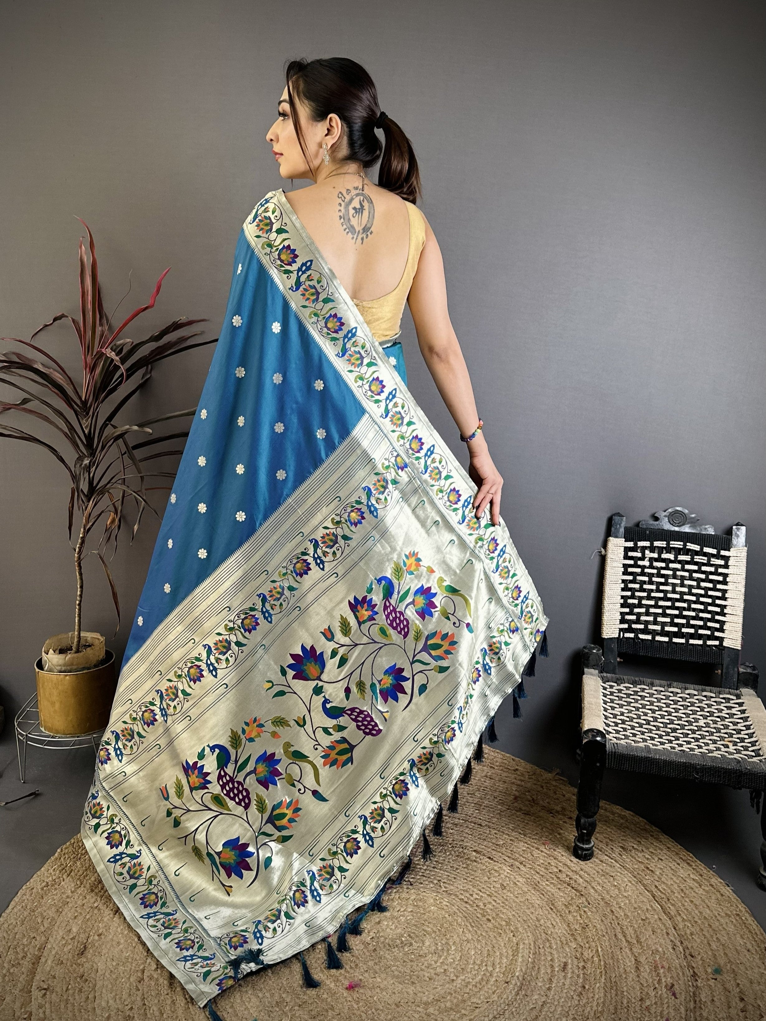 Teal Blue Silk Weaving Paithani Silk Saree