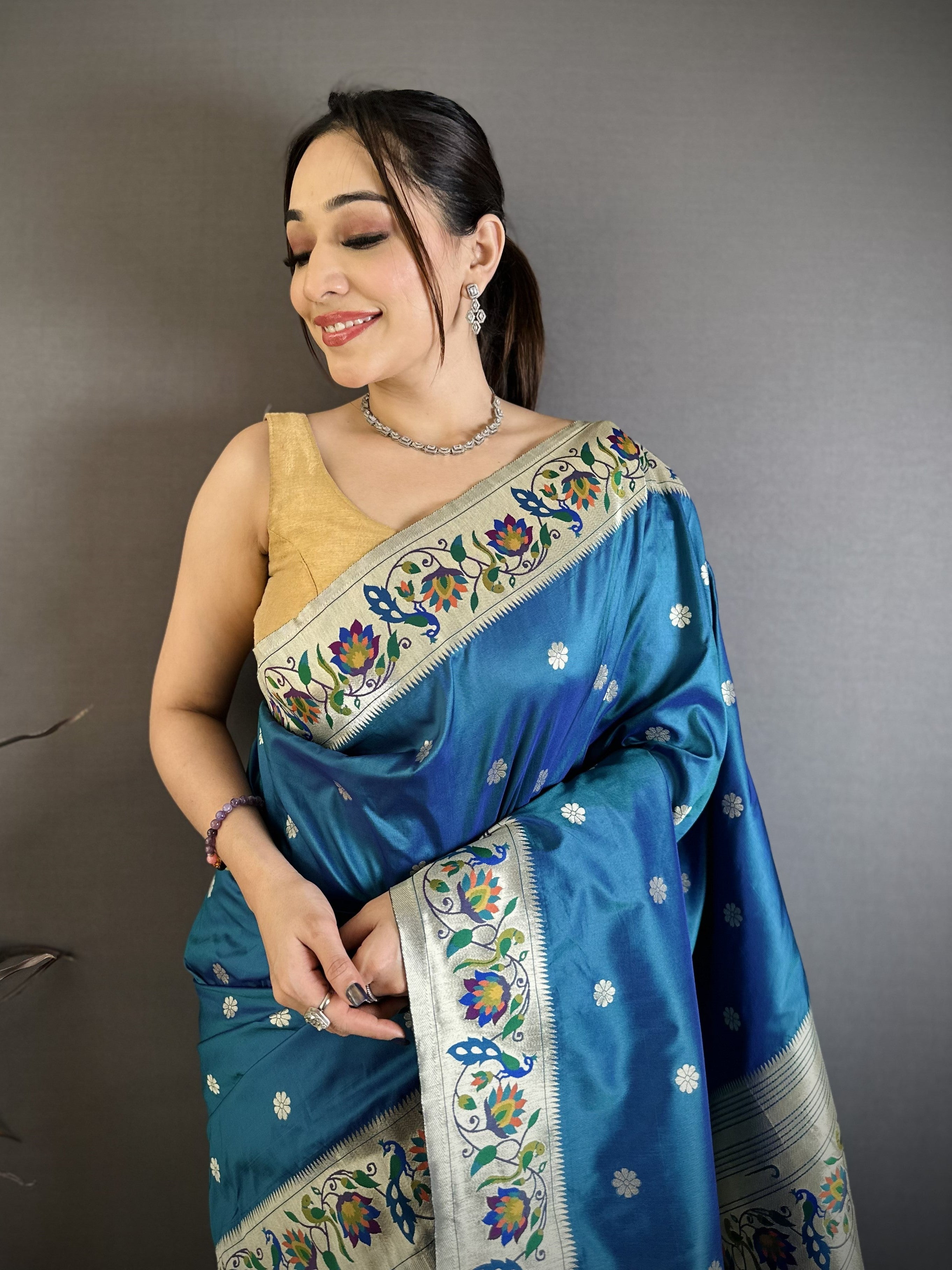 Teal Blue Silk Weaving Paithani Silk Saree