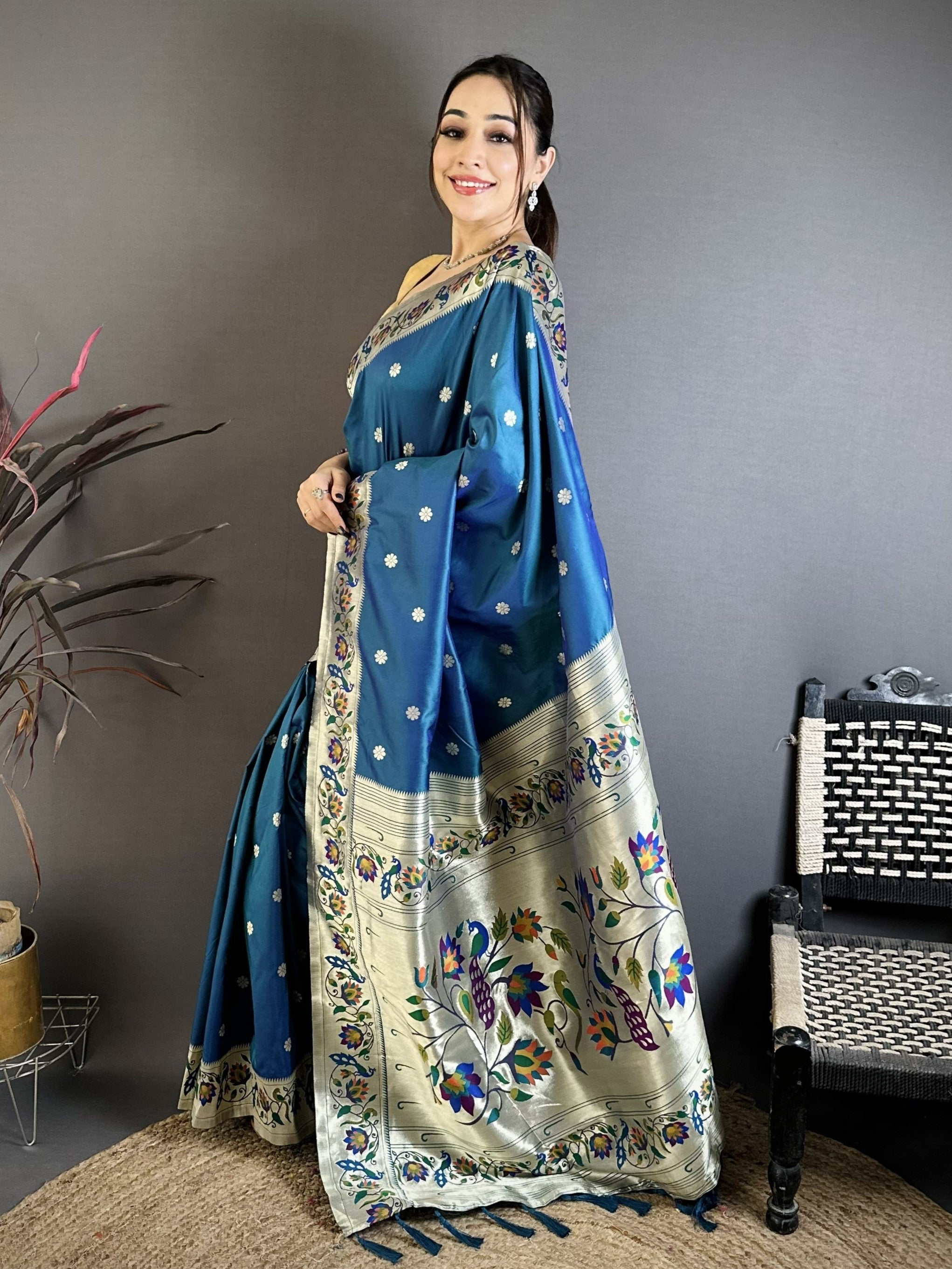 Teal Blue Silk Weaving Paithani Silk Saree