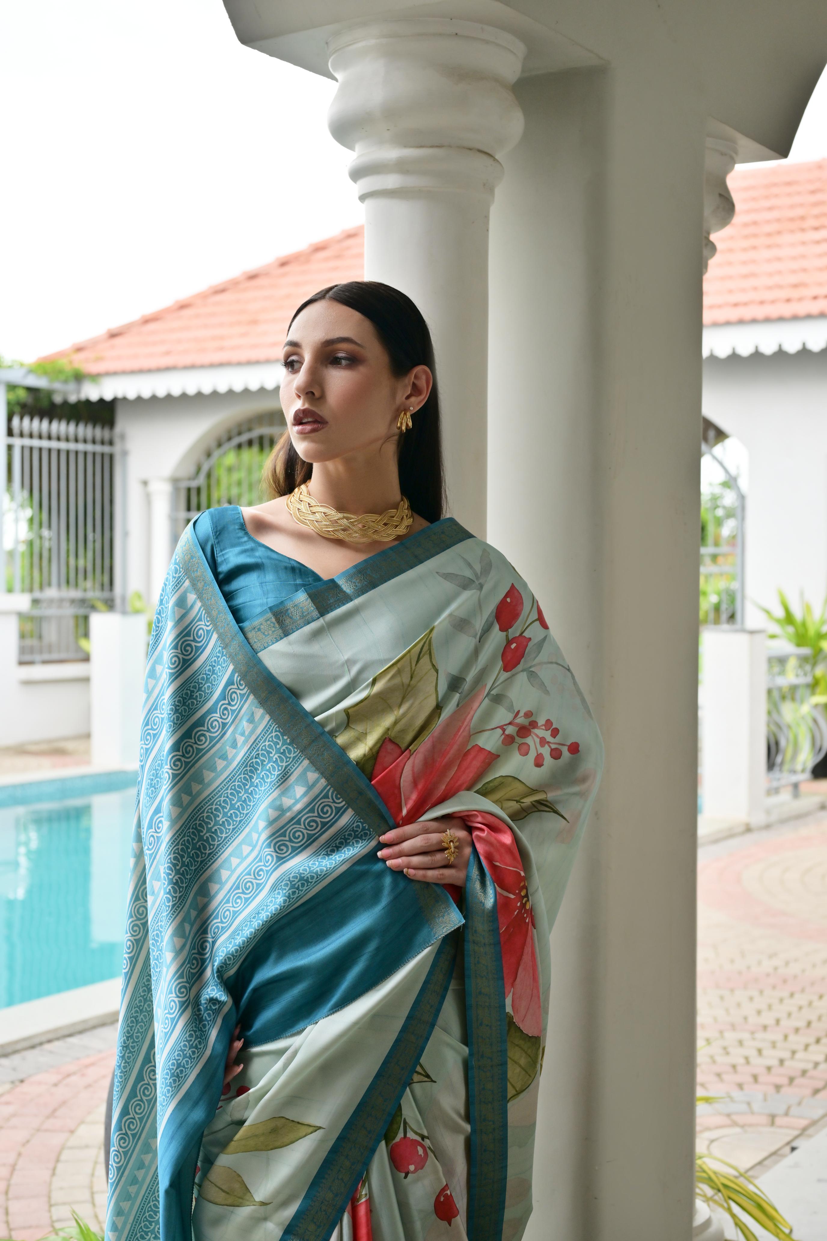 Teal Blue Stylish Pure Satin Silk Saree