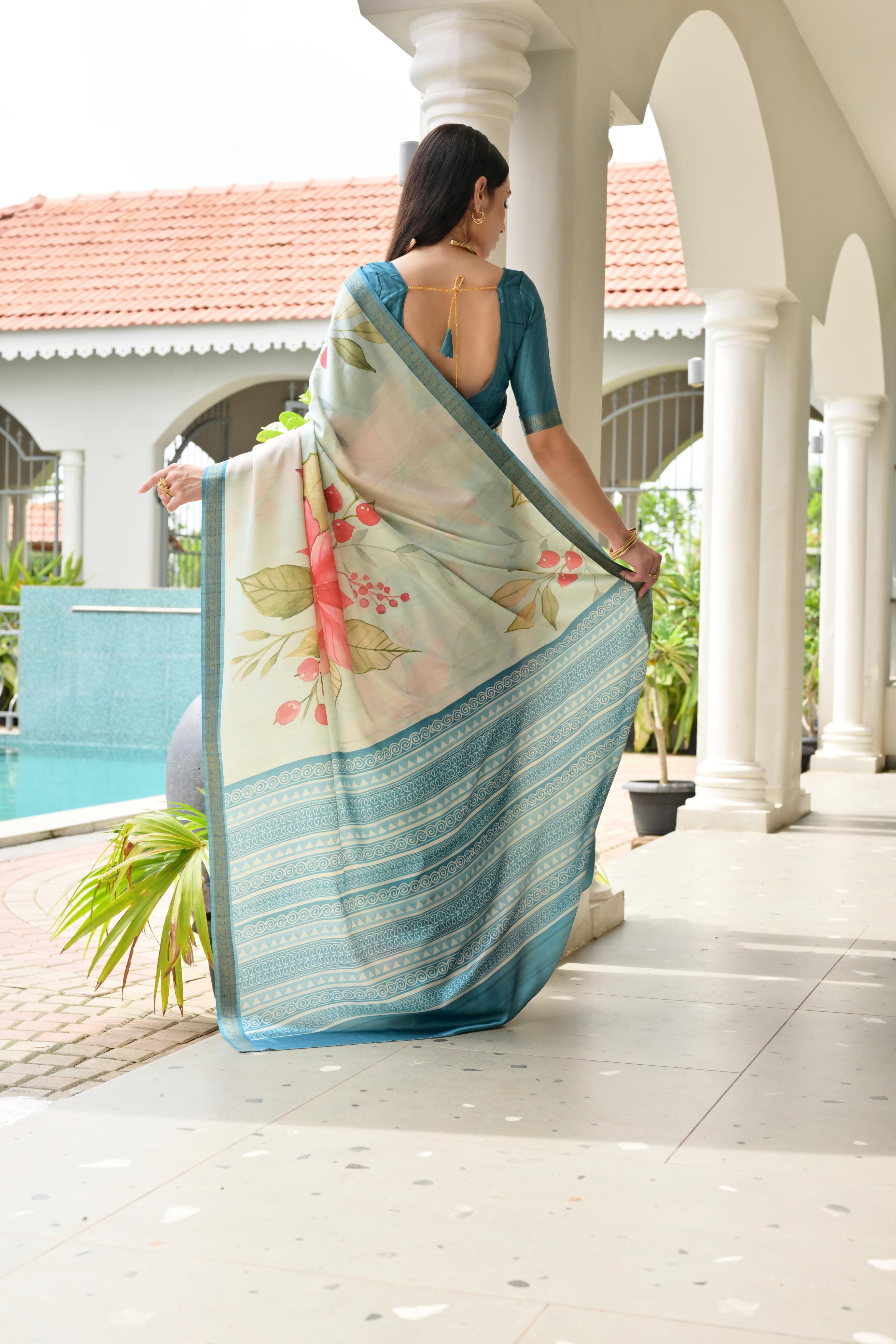 Teal Blue Stylish Pure Satin Silk Saree