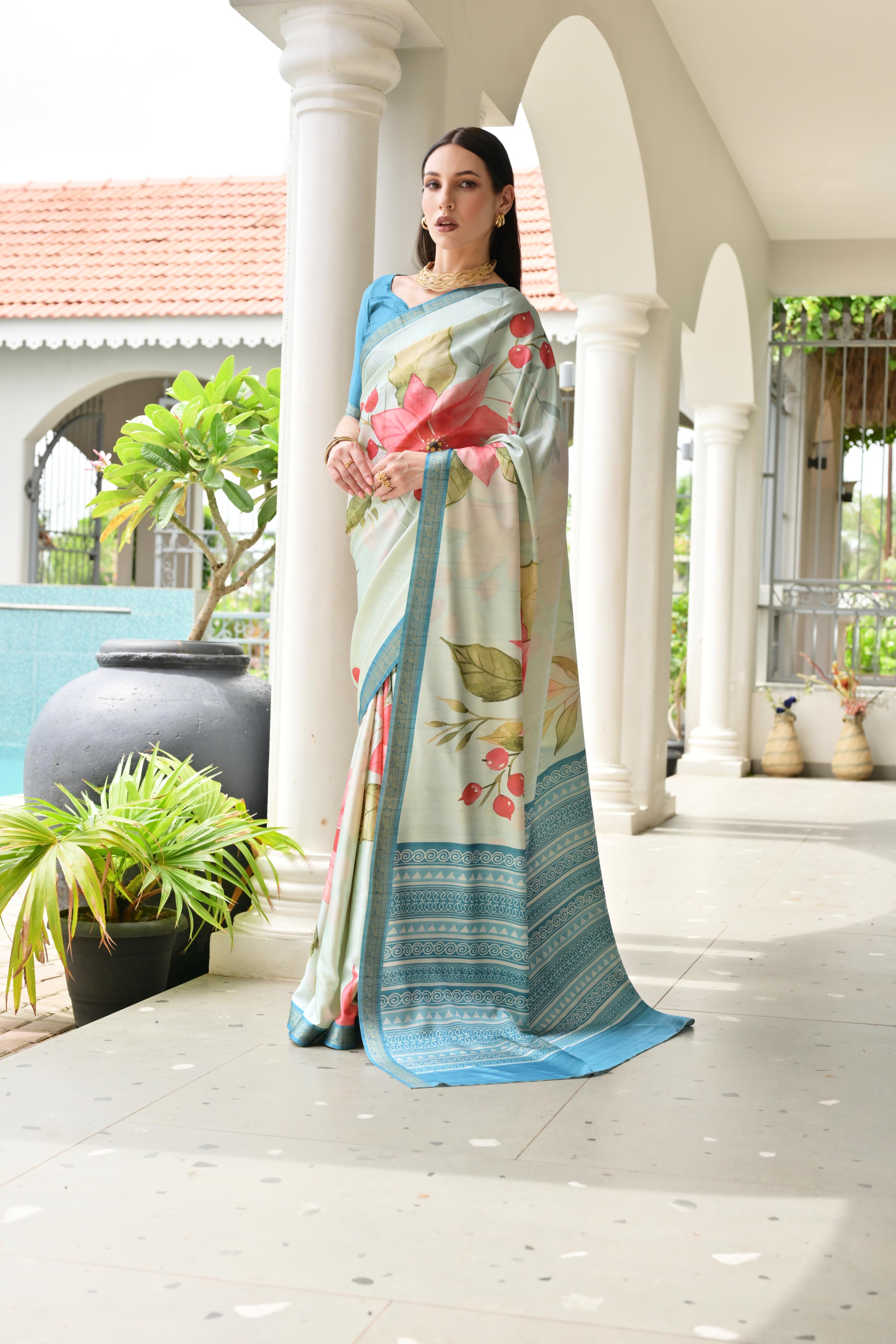 Teal Blue Stylish Pure Satin Silk Saree