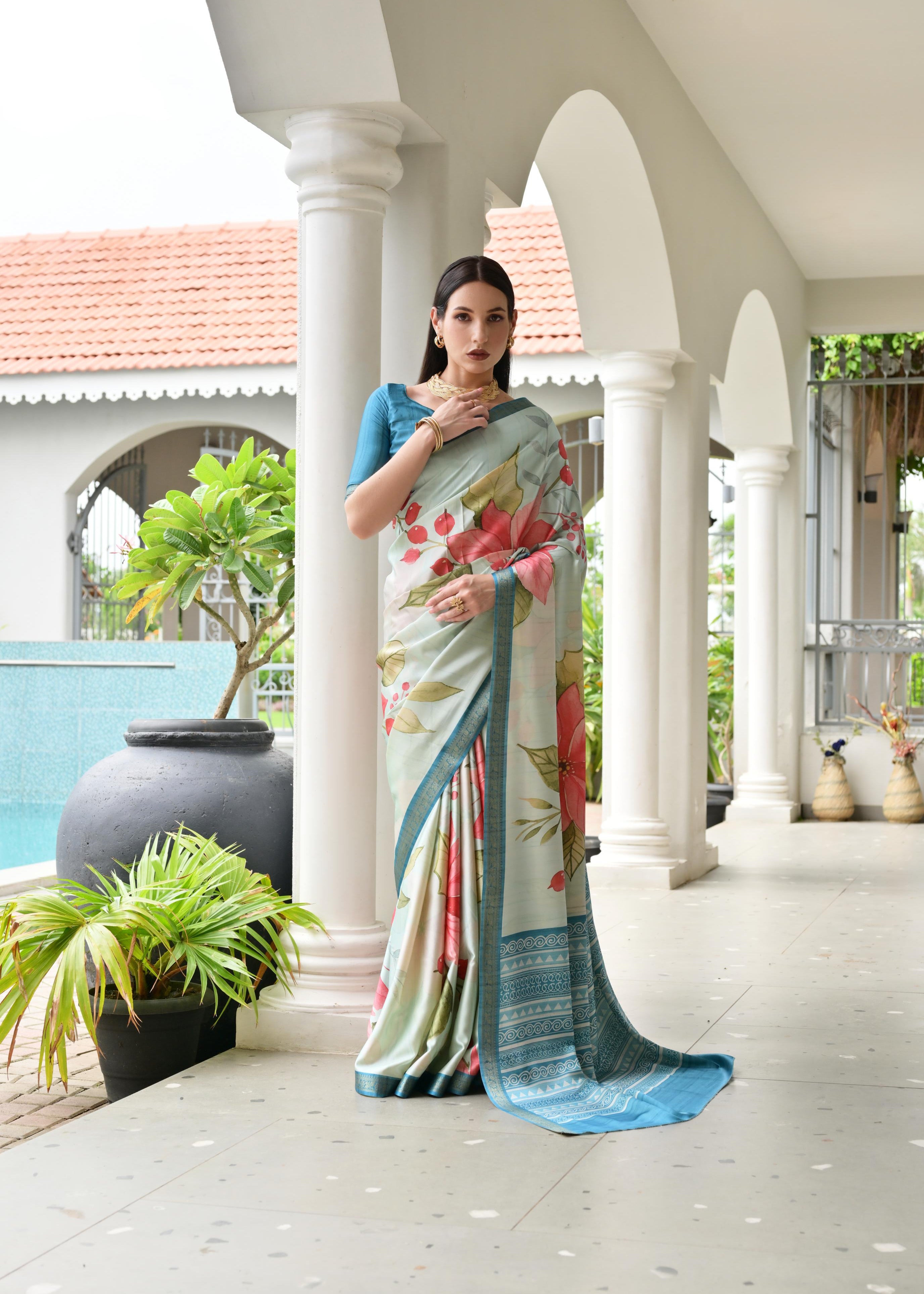 Teal Blue Stylish Pure Satin Silk Saree