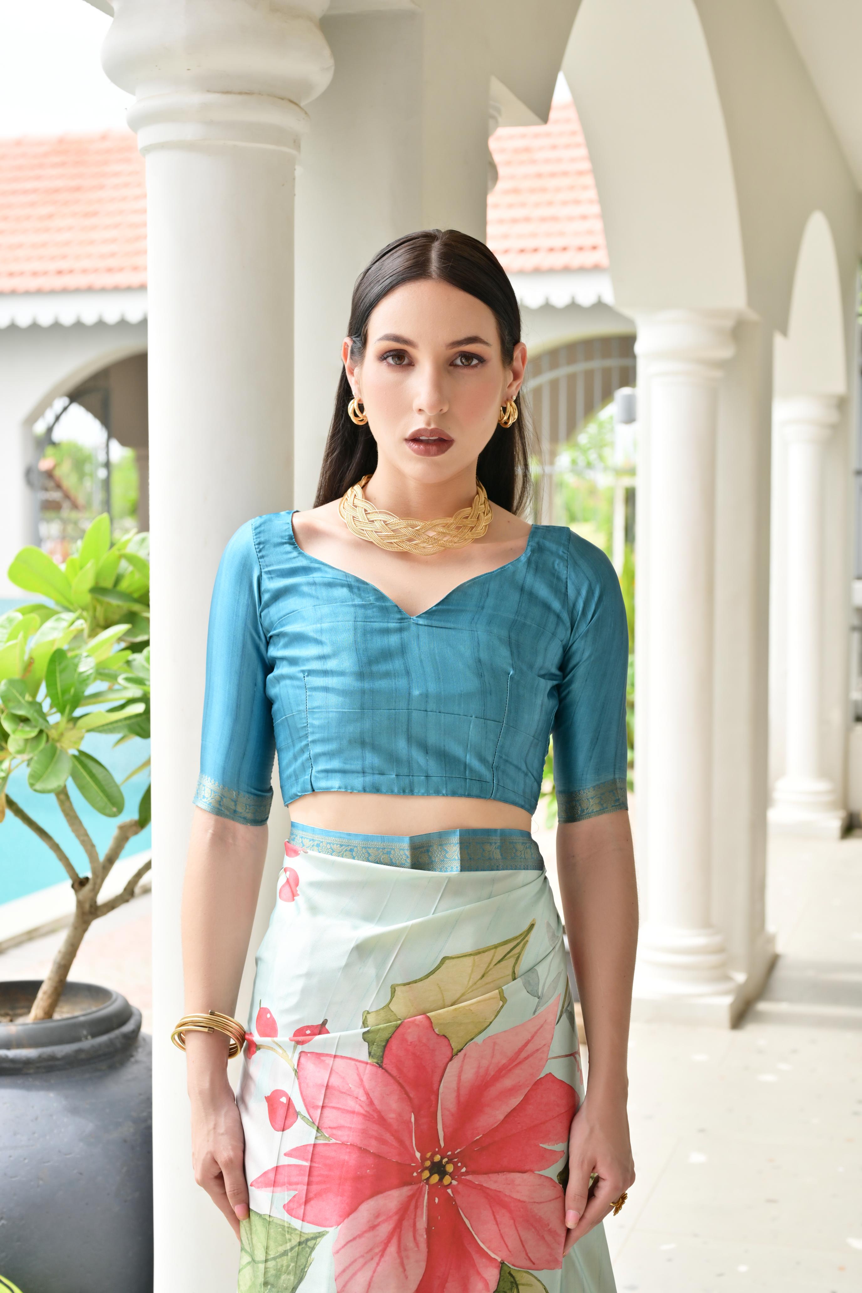 Teal Blue Stylish Pure Satin Silk Saree