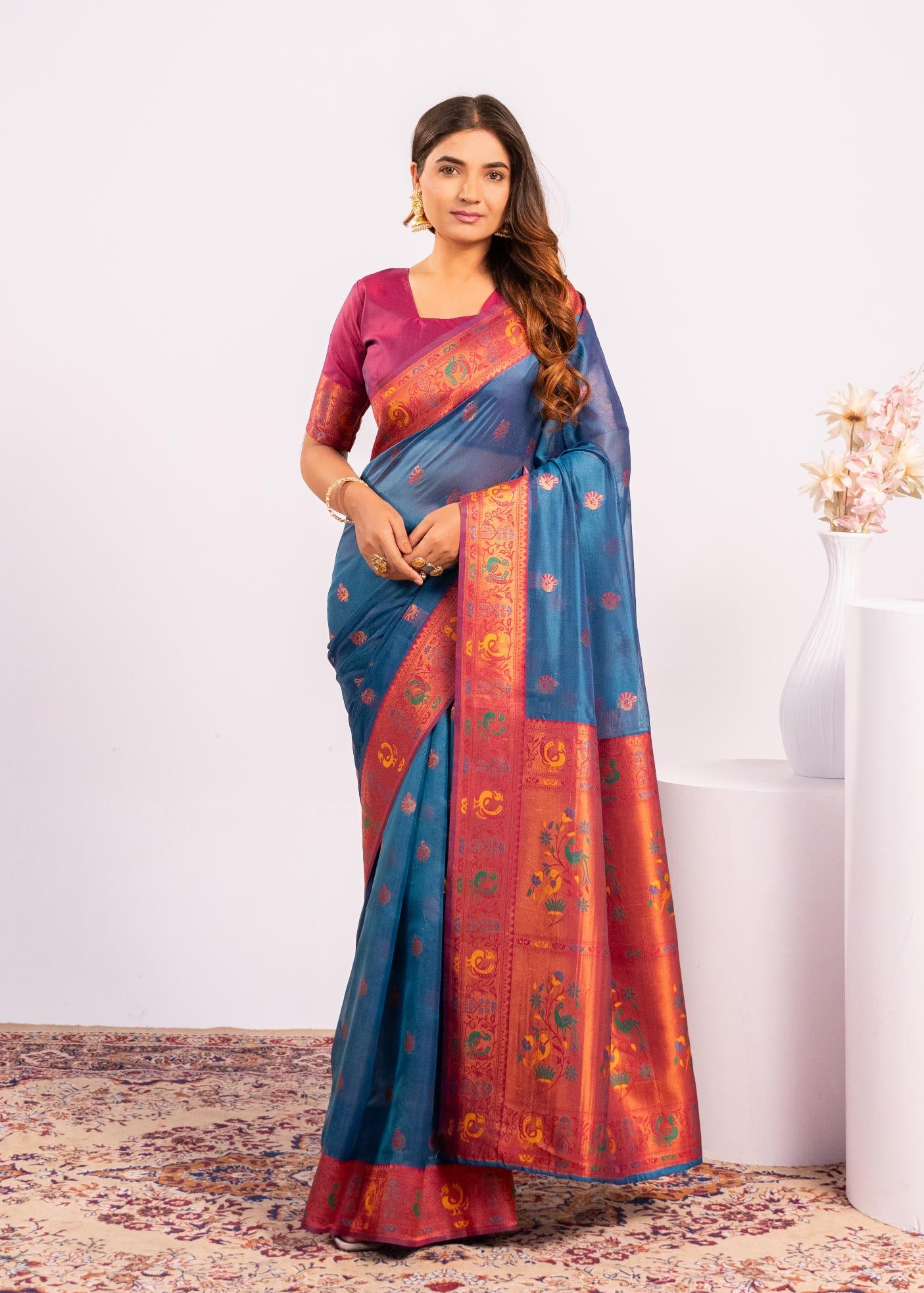 Teal Tissue Silk Paithani Saree