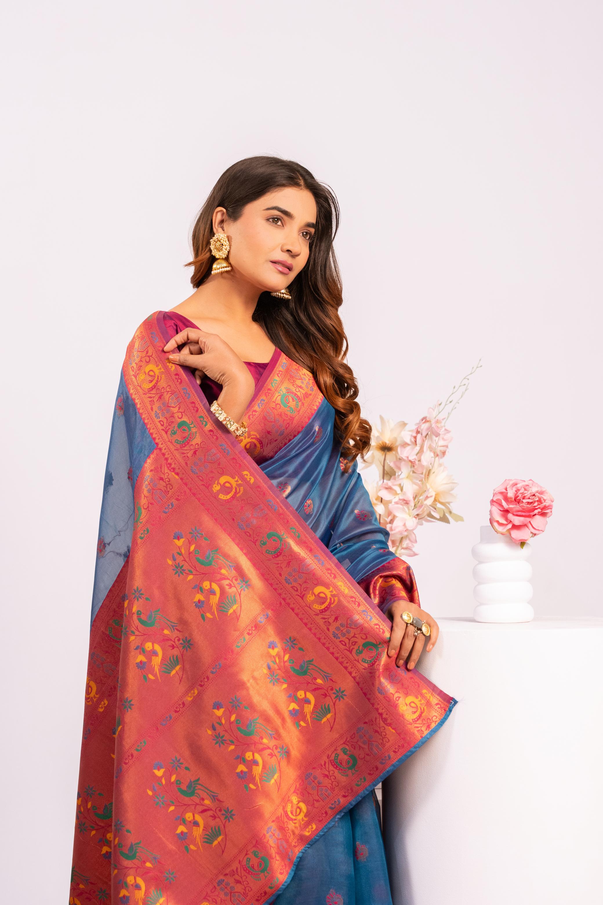 Teal Tissue Silk Paithani Saree