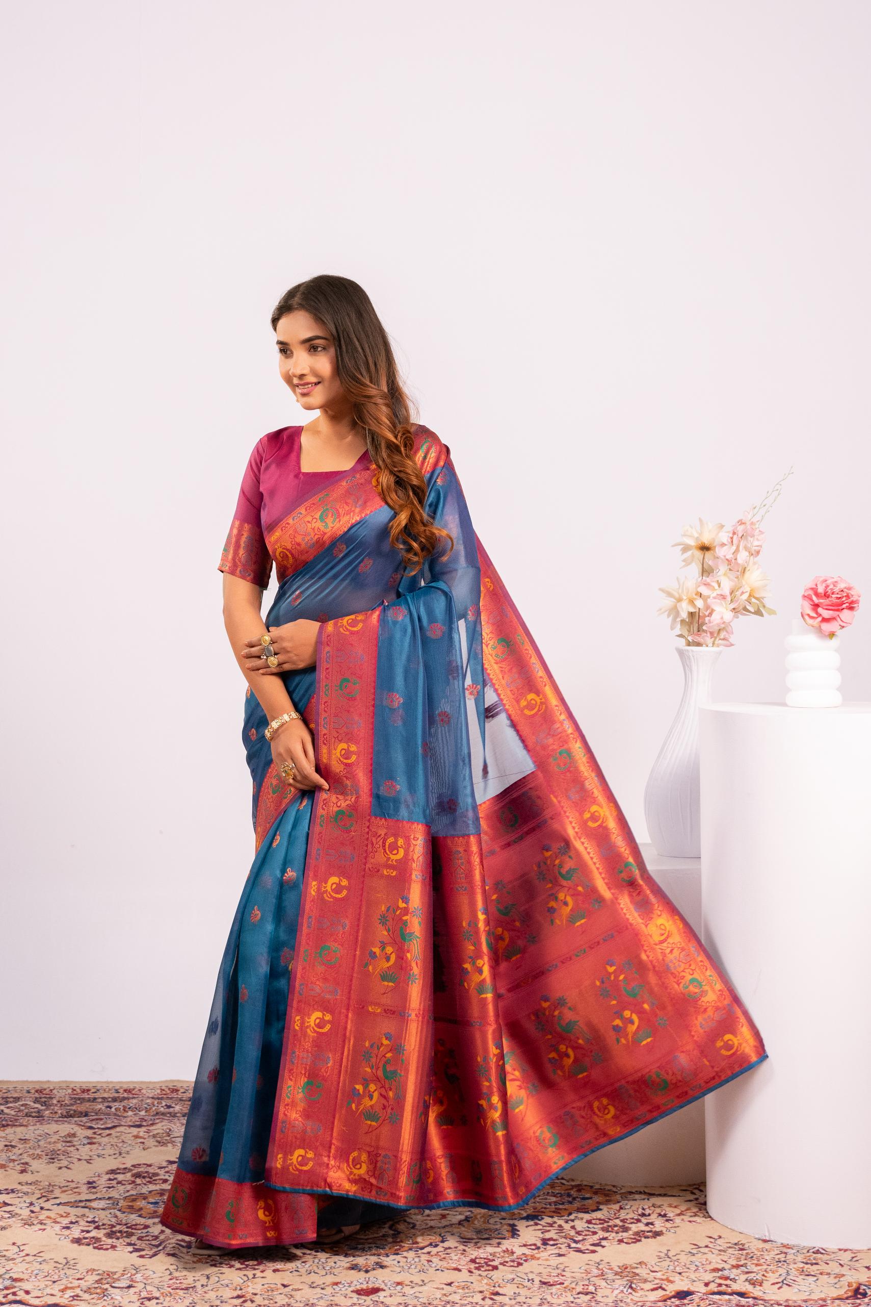 Teal Tissue Silk Paithani Saree