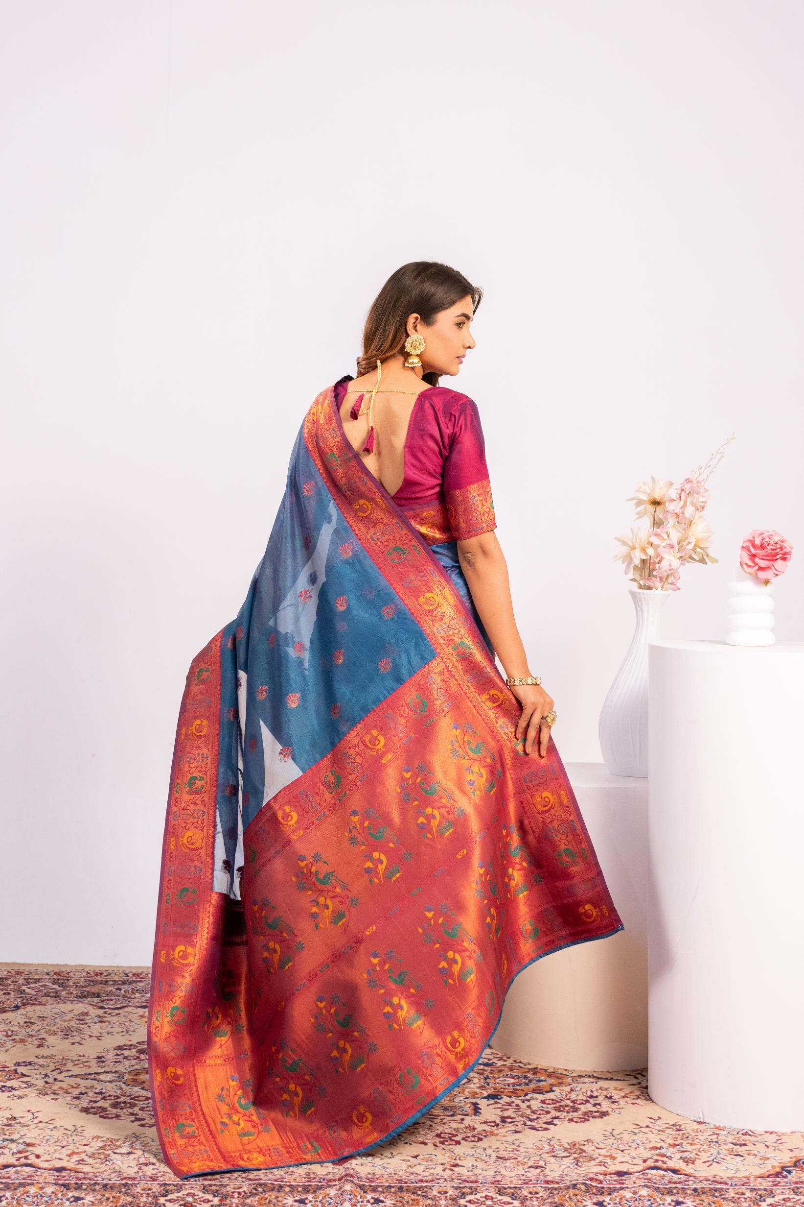 Teal Tissue Silk Paithani Saree