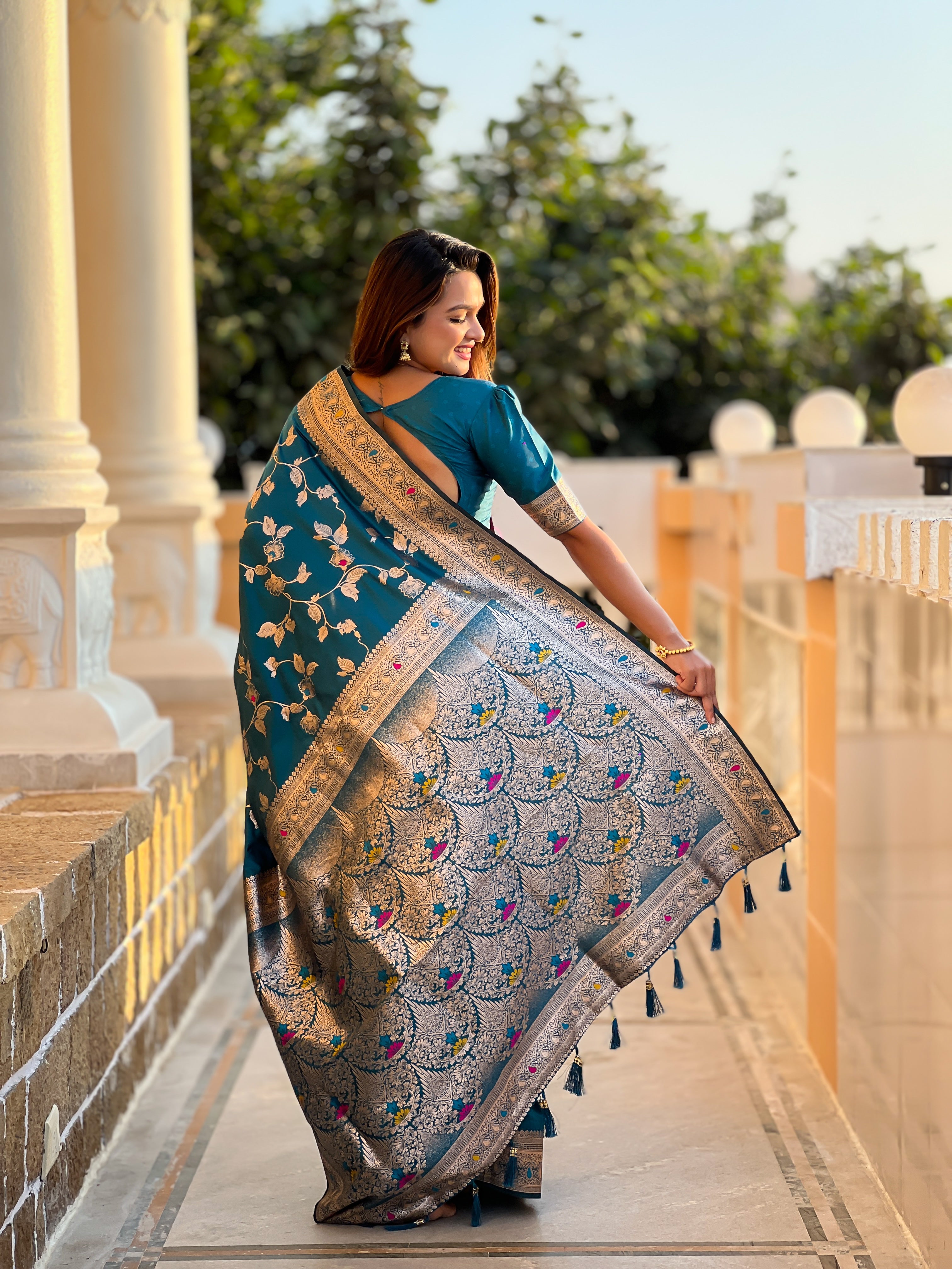 Teal Wedding Wear Soft Banarasi Silk Saree