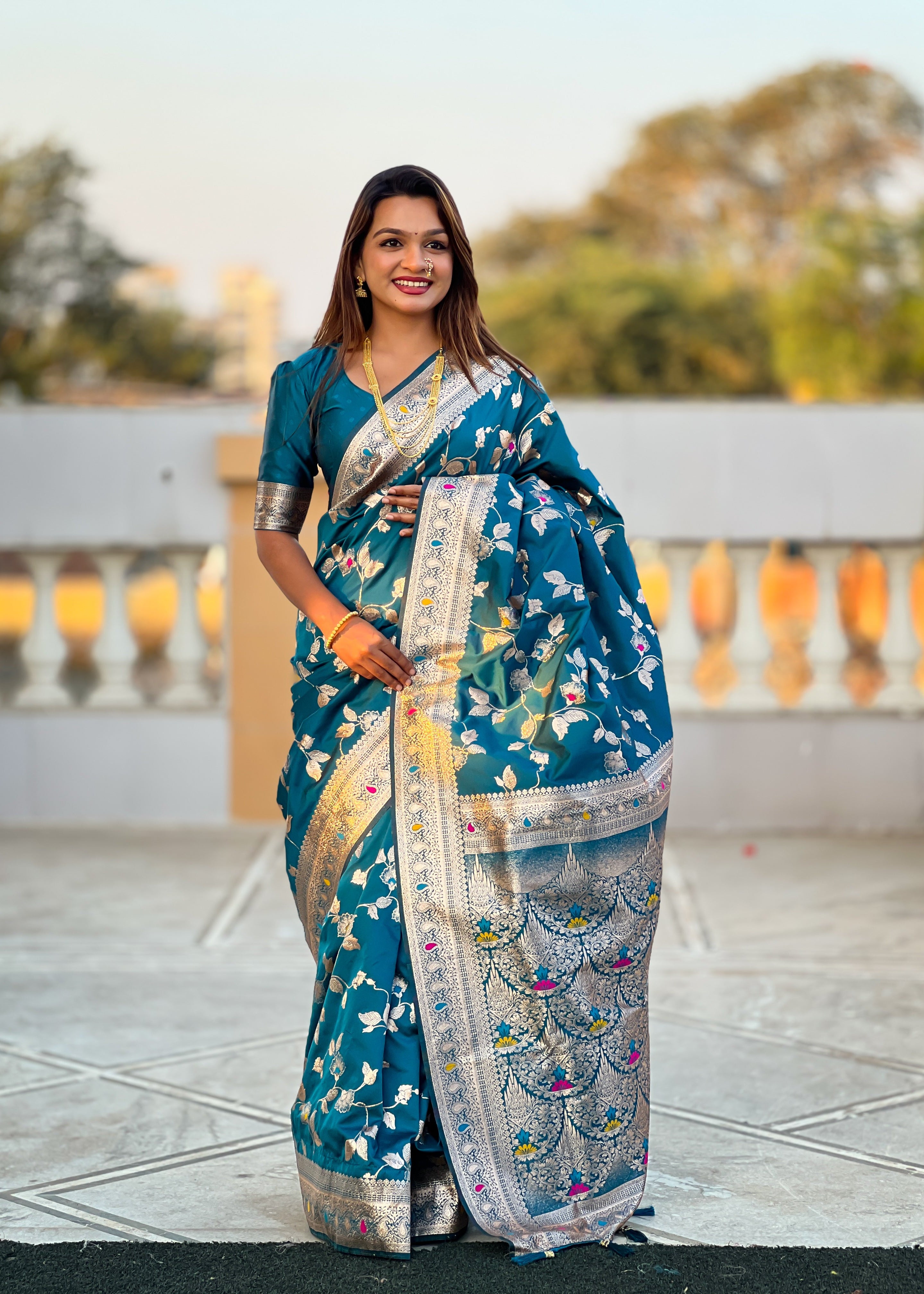 Teal Wedding Wear Soft Banarasi Silk Saree