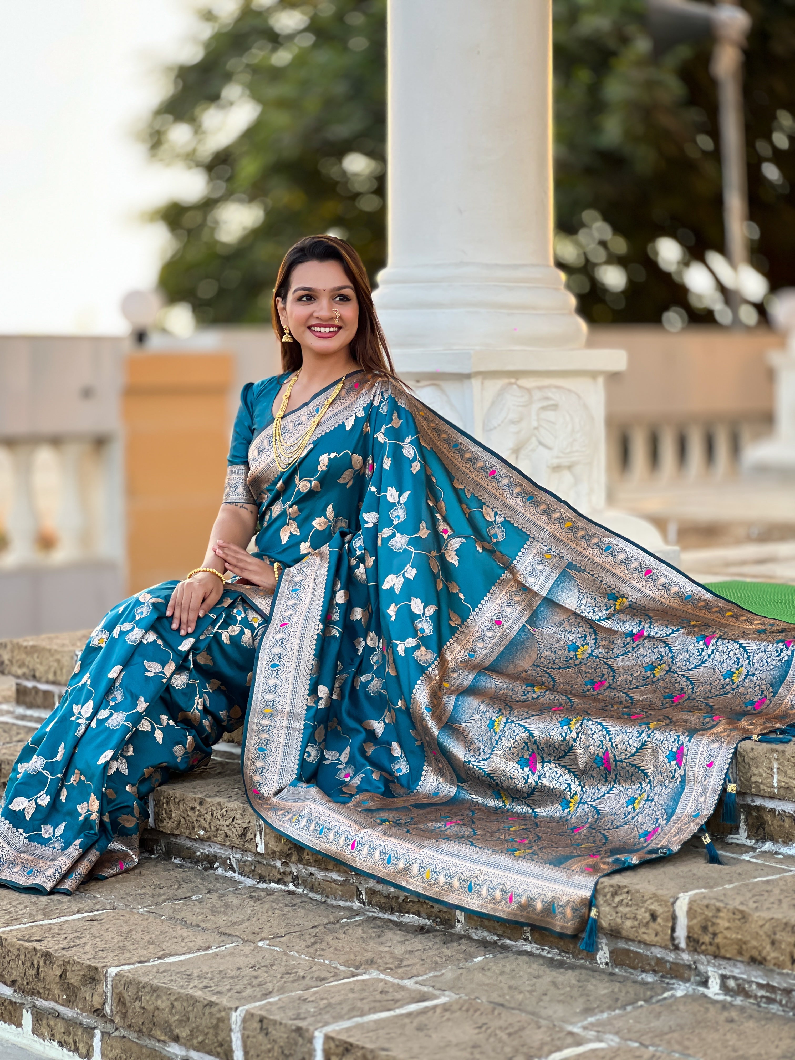 Teal Wedding Wear Soft Banarasi Silk Saree