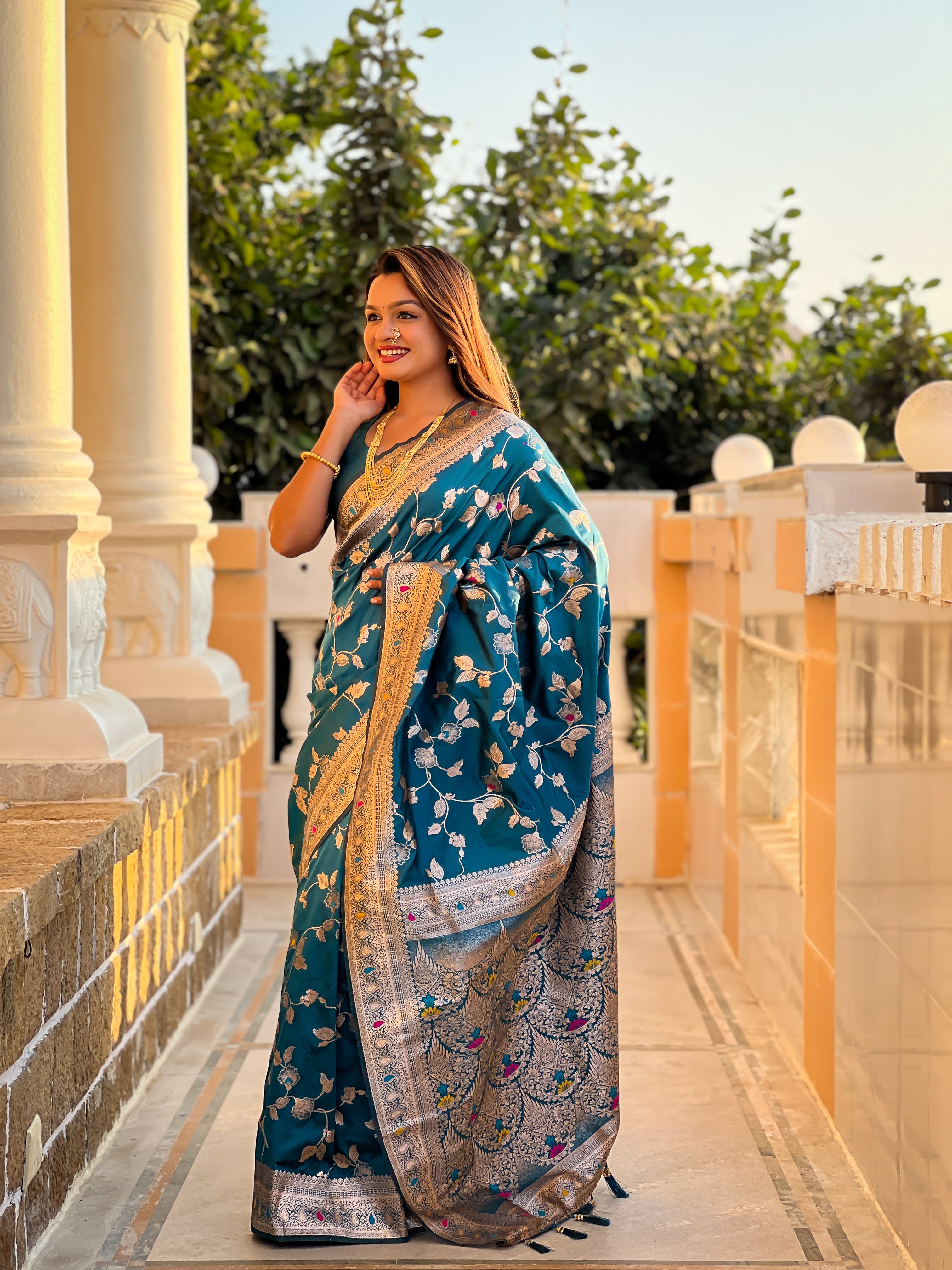 Teal Wedding Wear Soft Banarasi Silk Saree