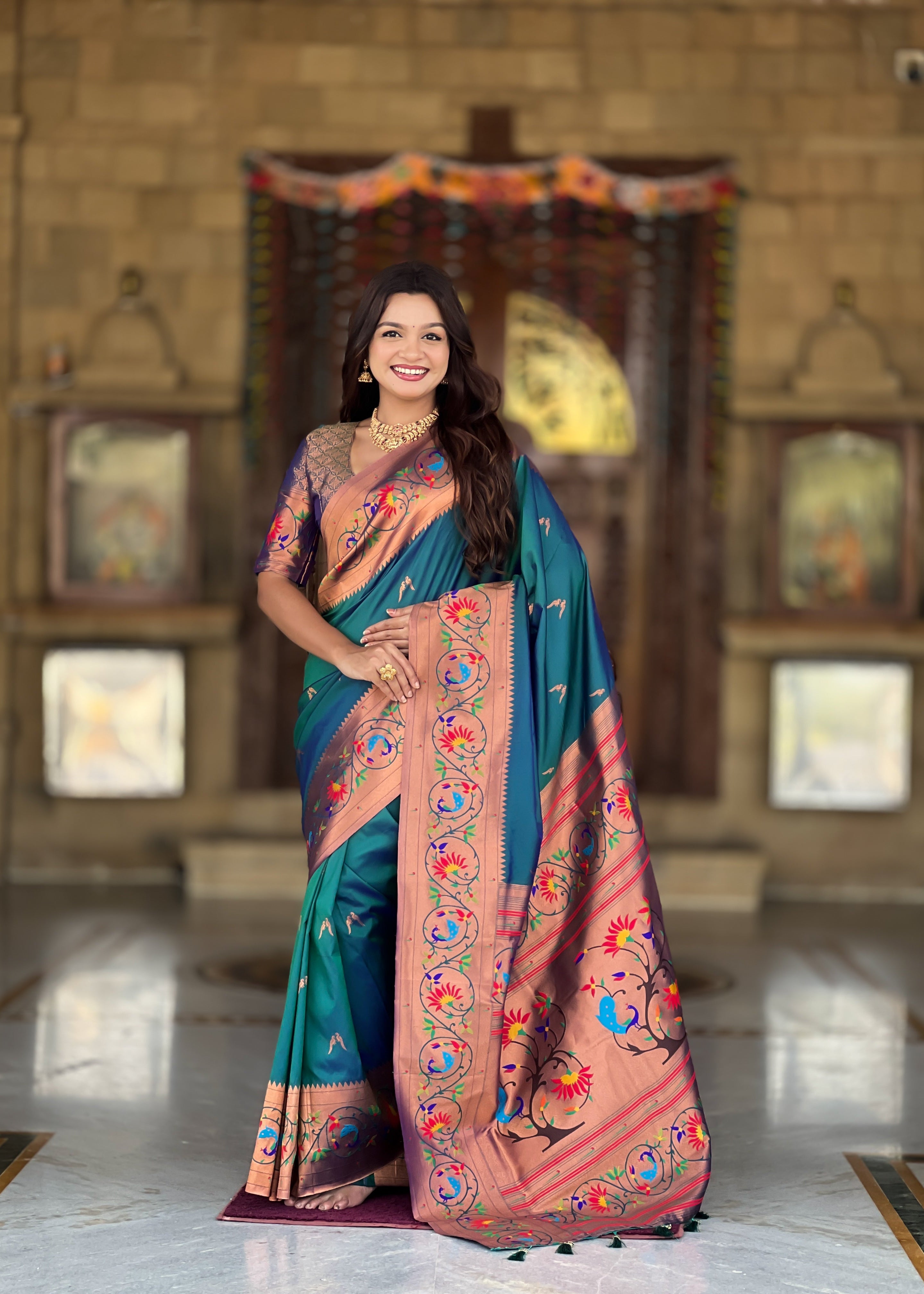 Teal Wedding Wear Soft Paithani Silk Saree