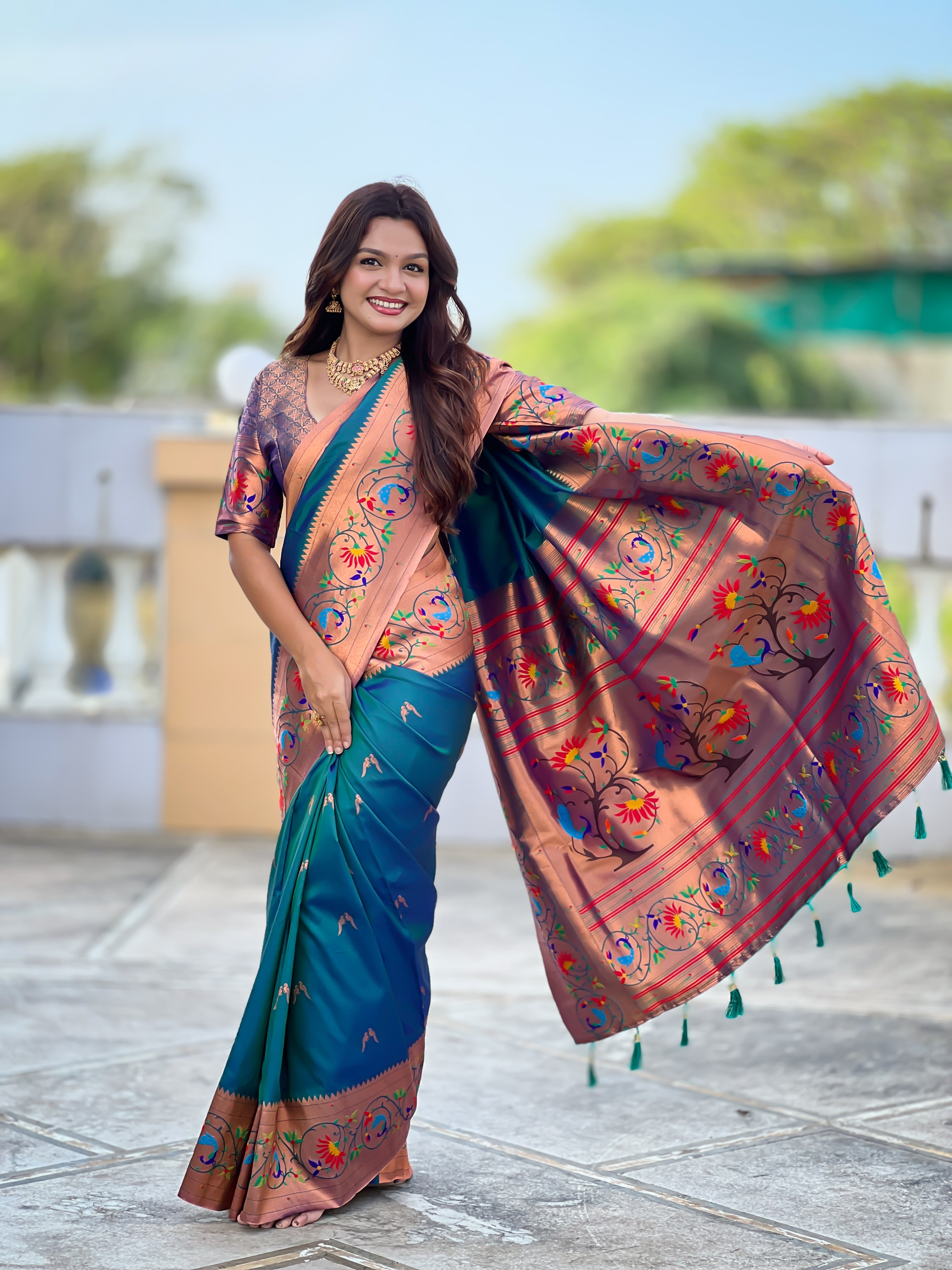 Teal Wedding Wear Soft Paithani Silk Saree