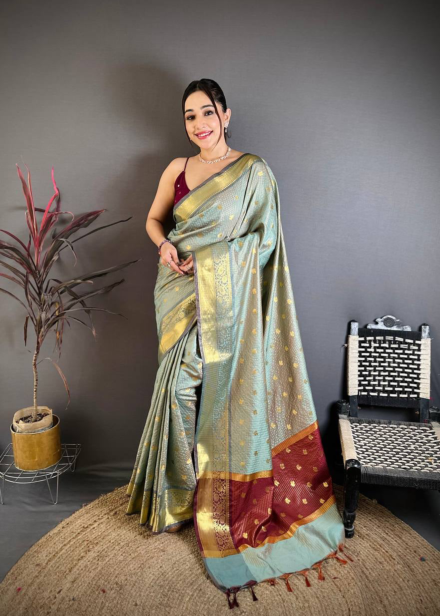 Tealish Green Banarasi Soft Tissue Silk Saree