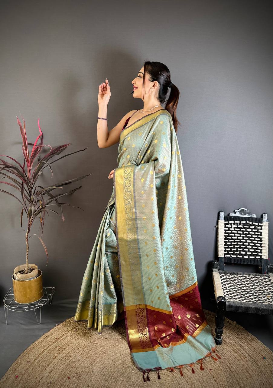 Tealish Green Banarasi Soft Tissue Silk Saree