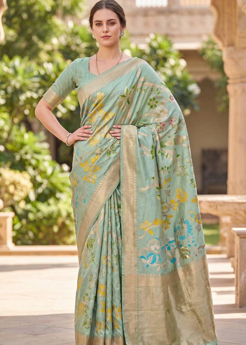 Tealish Green Crepe Khadi Silk Weaving Saree
