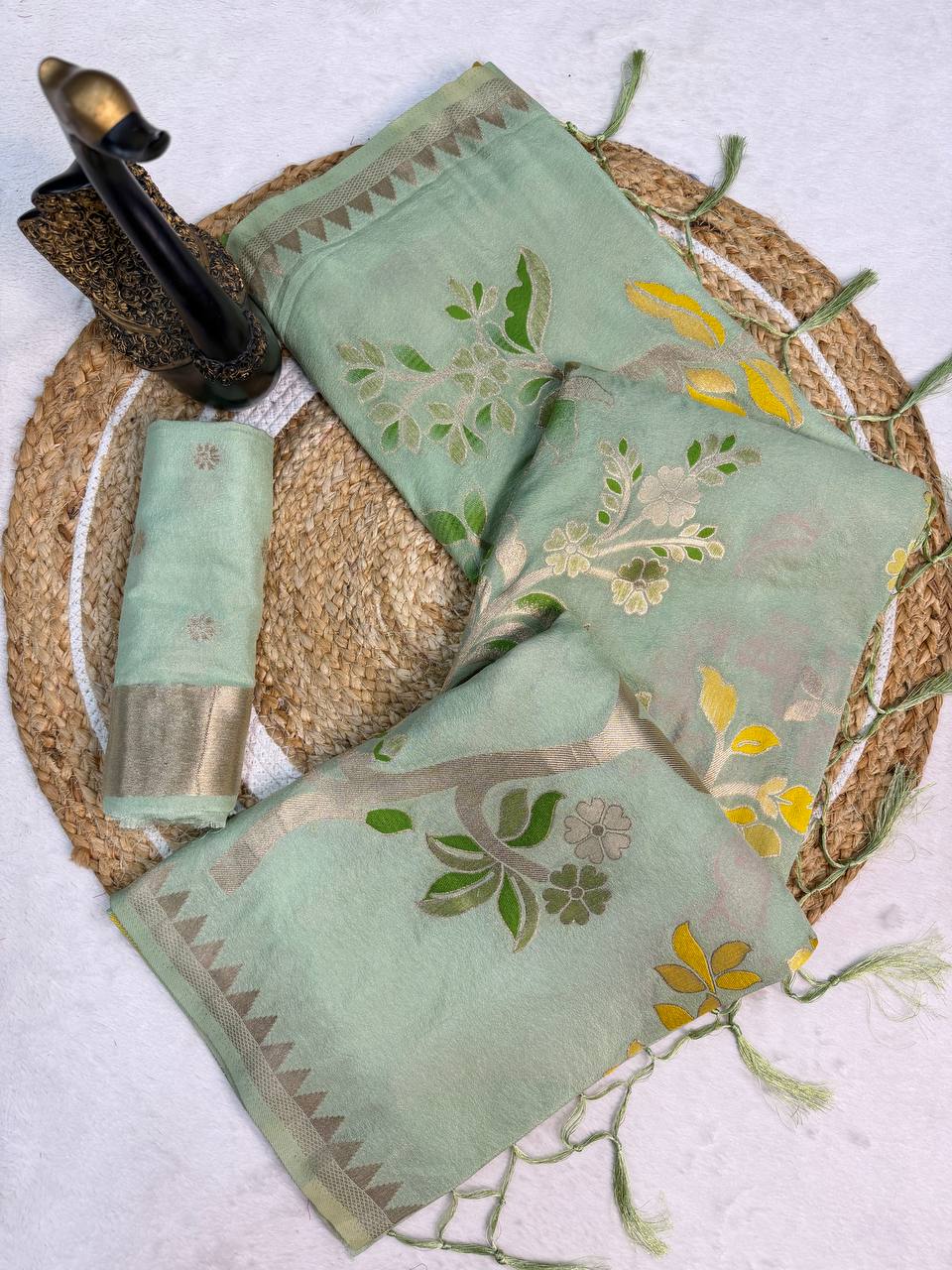 Tealish Green Crepe Khadi Silk Weaving Saree