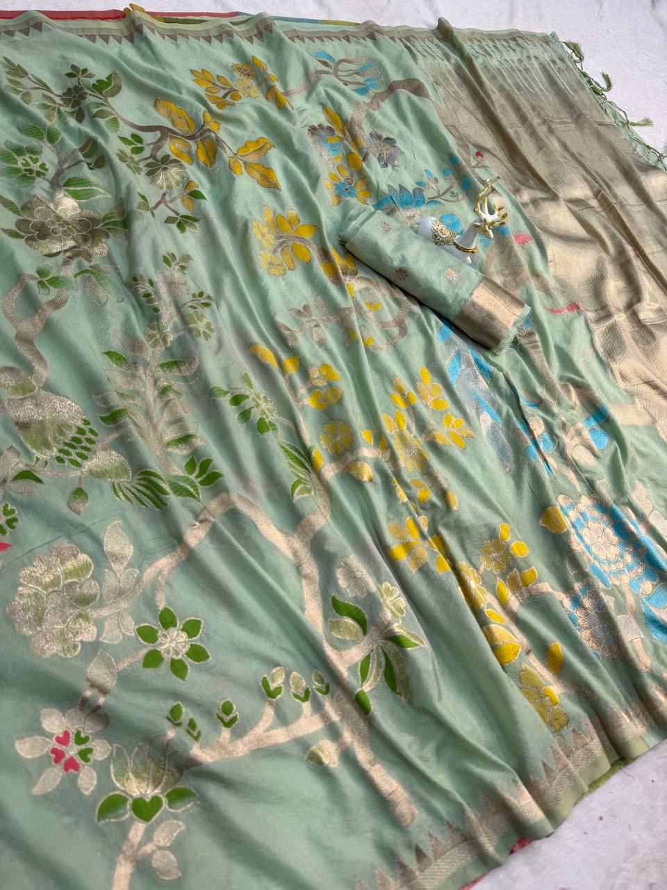 Tealish Green Crepe Khadi Silk Weaving Saree