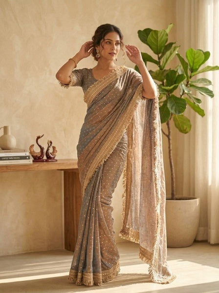 Trending Gray Designer Moss Silk Saree