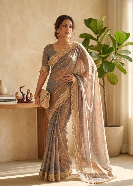 Trending Gray Designer Moss Silk Saree