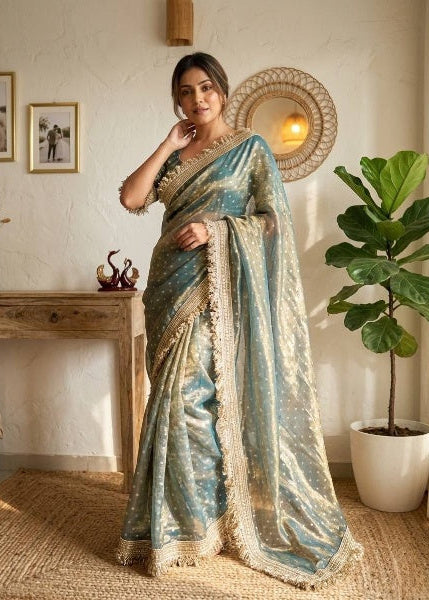 Trending Nile Blue Designer Moss Silk Saree