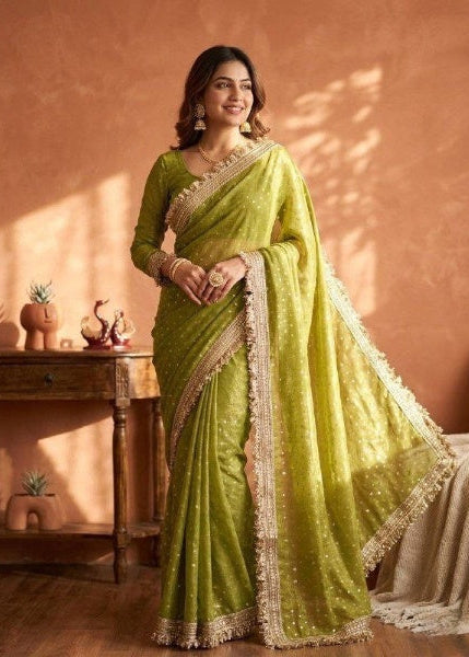 Trending Olive Designer Moss Silk Saree