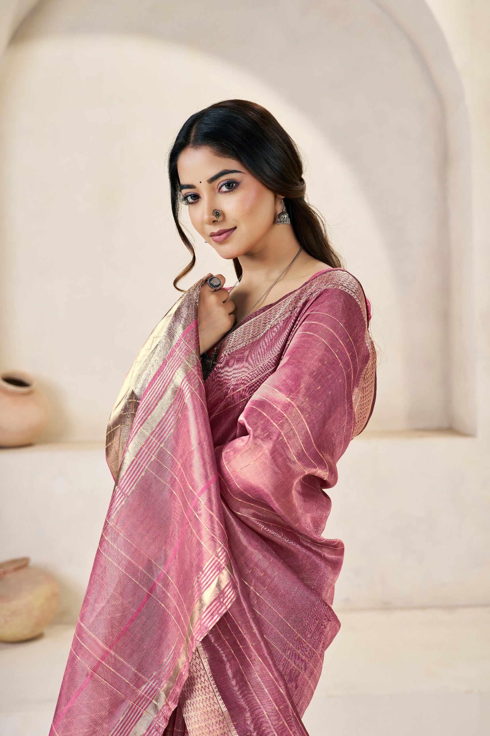 Tulip Pink Soft Linen Cotton Silk Saree