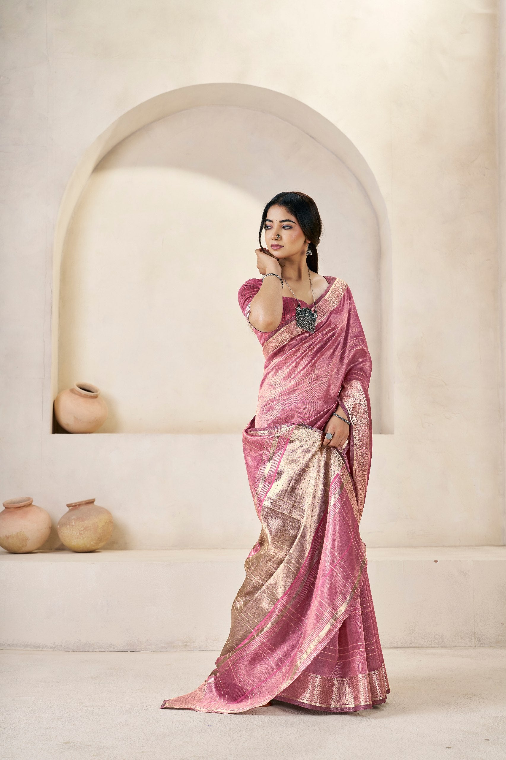 Tulip Pink Soft Linen Cotton Silk Saree