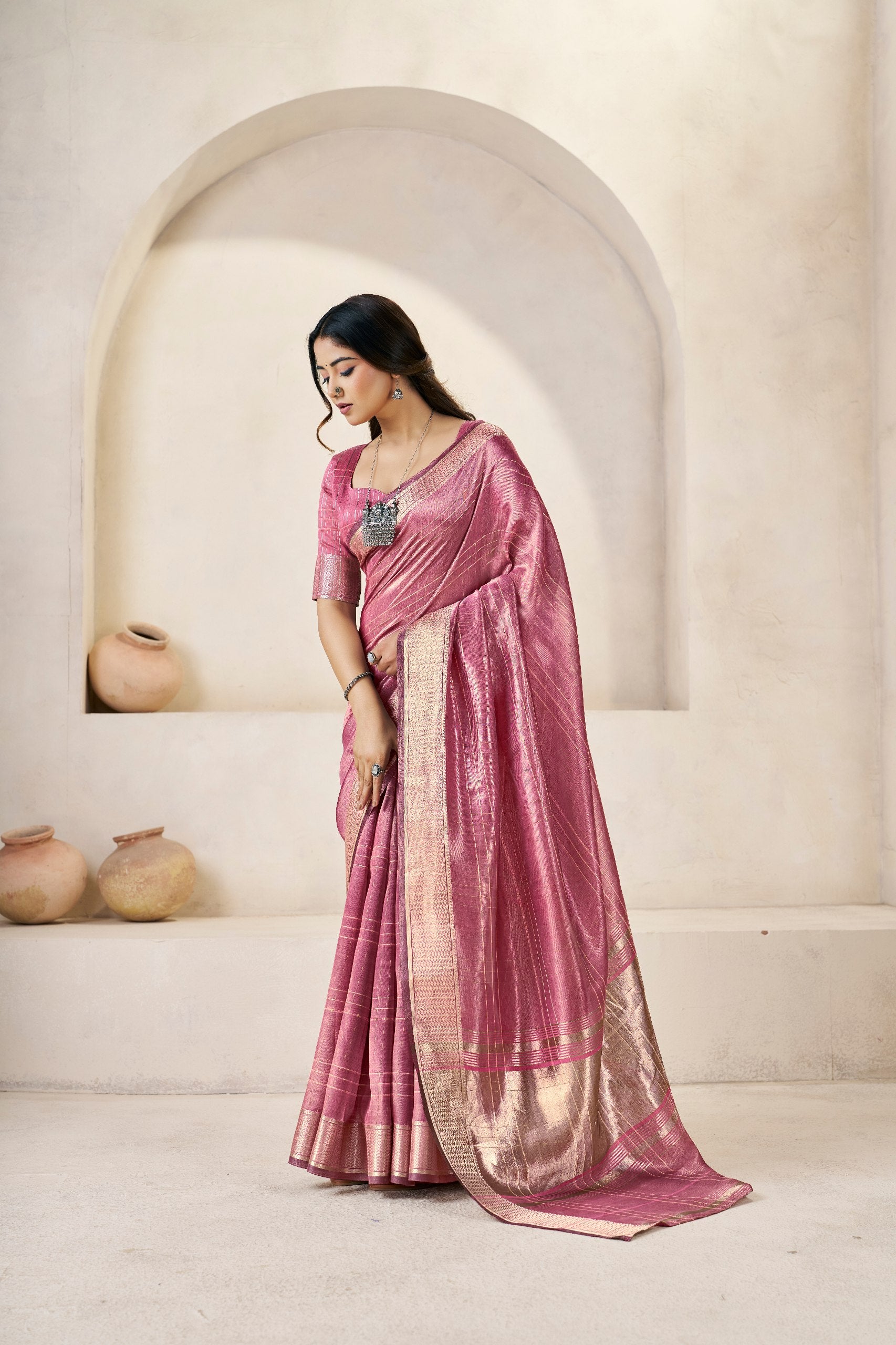 Tulip Pink Soft Linen Cotton Silk Saree