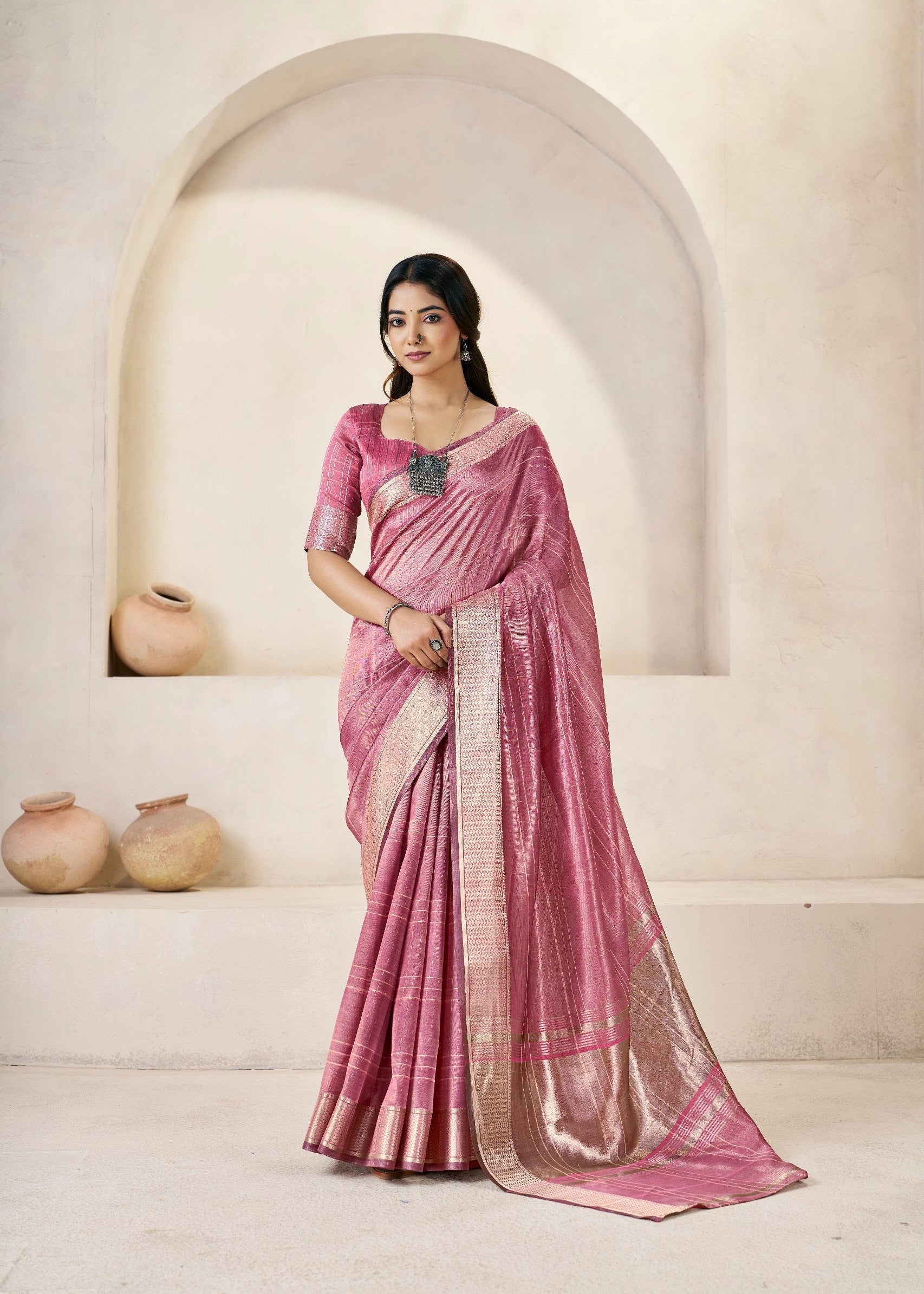 Tulip Pink Soft Linen Cotton Silk Saree