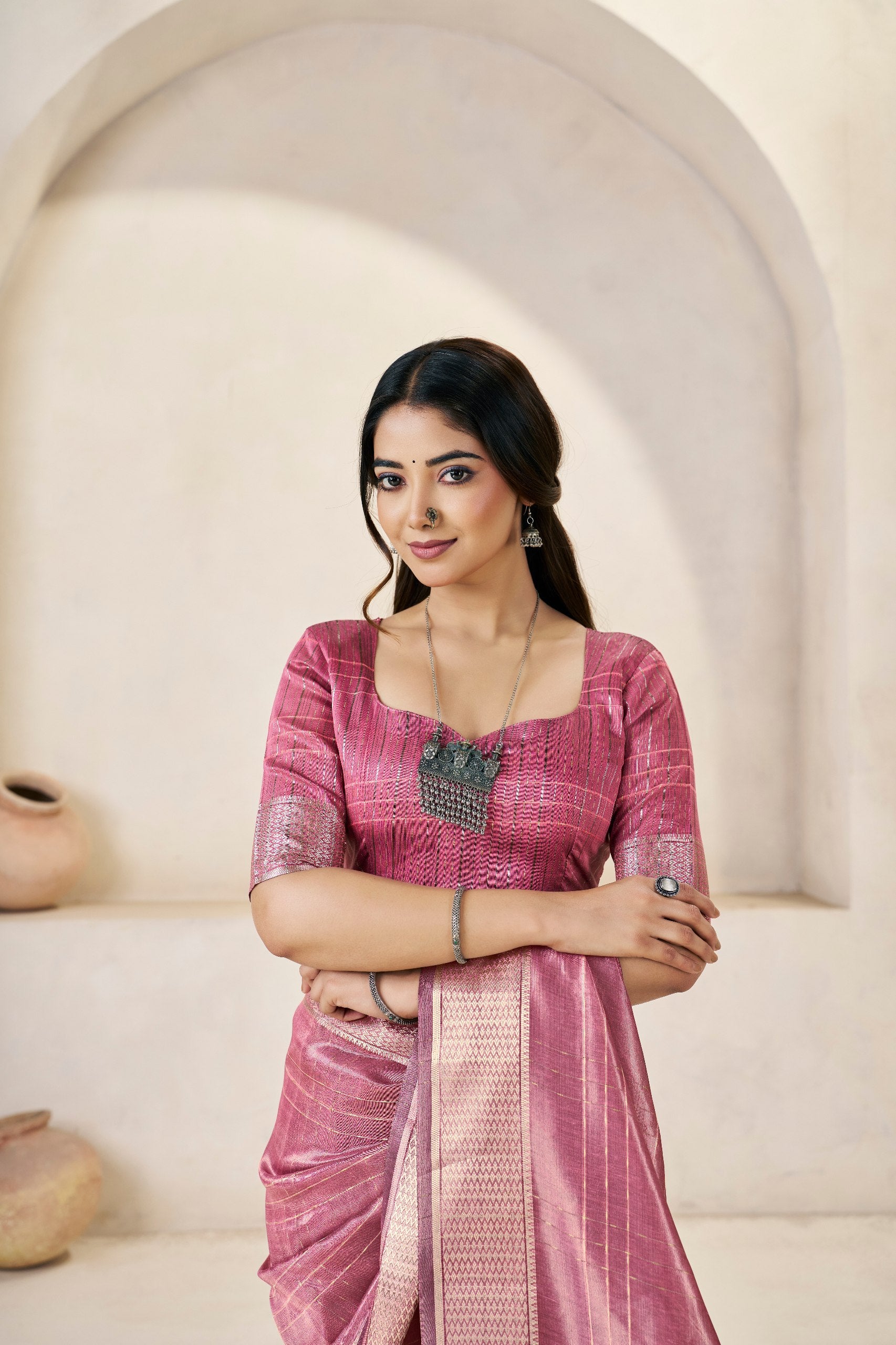 Tulip Pink Soft Linen Cotton Silk Saree