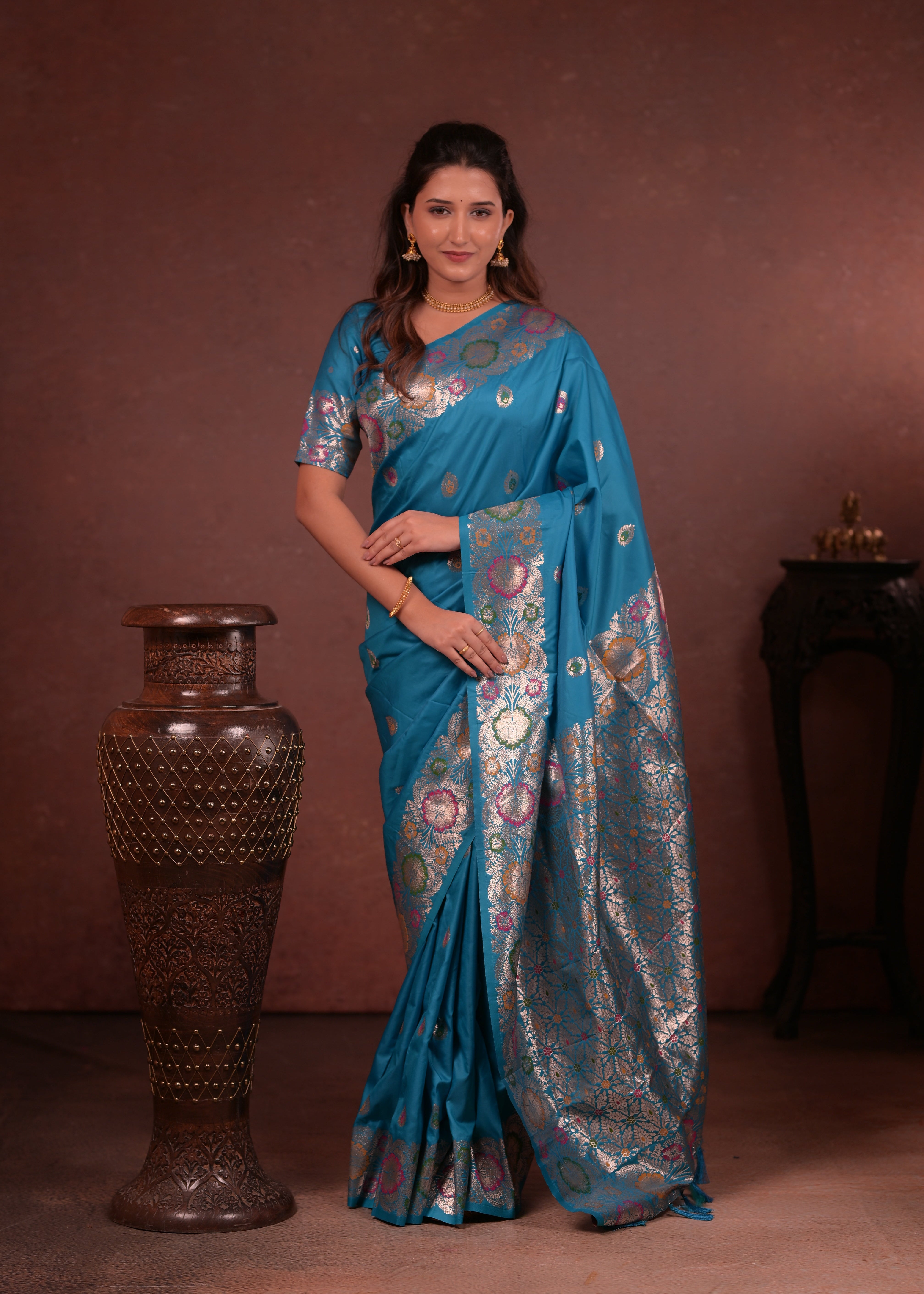 Turquoise Blue Paithani Woven Silk Saree