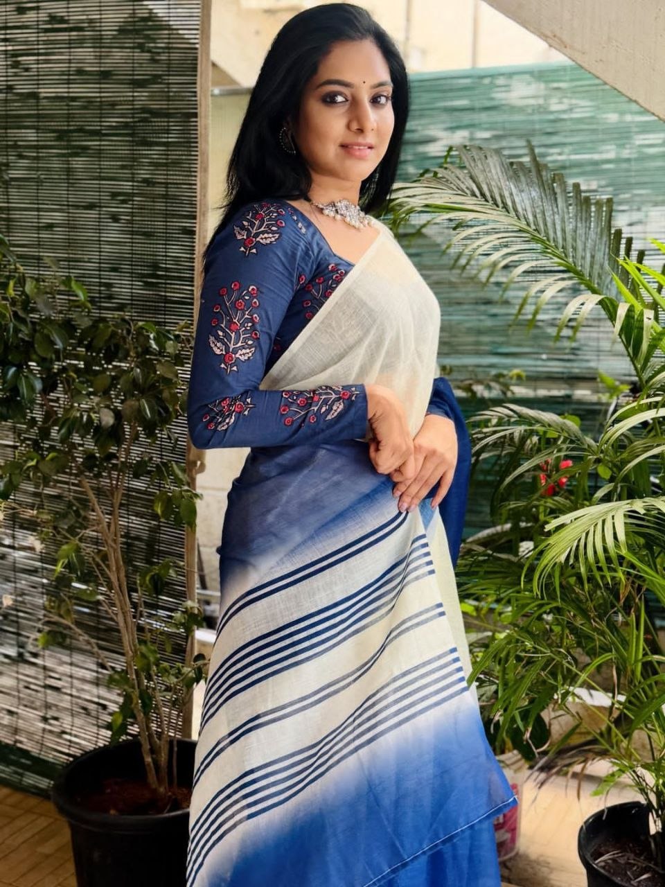 Two Shaded Digital Printed Linen Cotton Saree