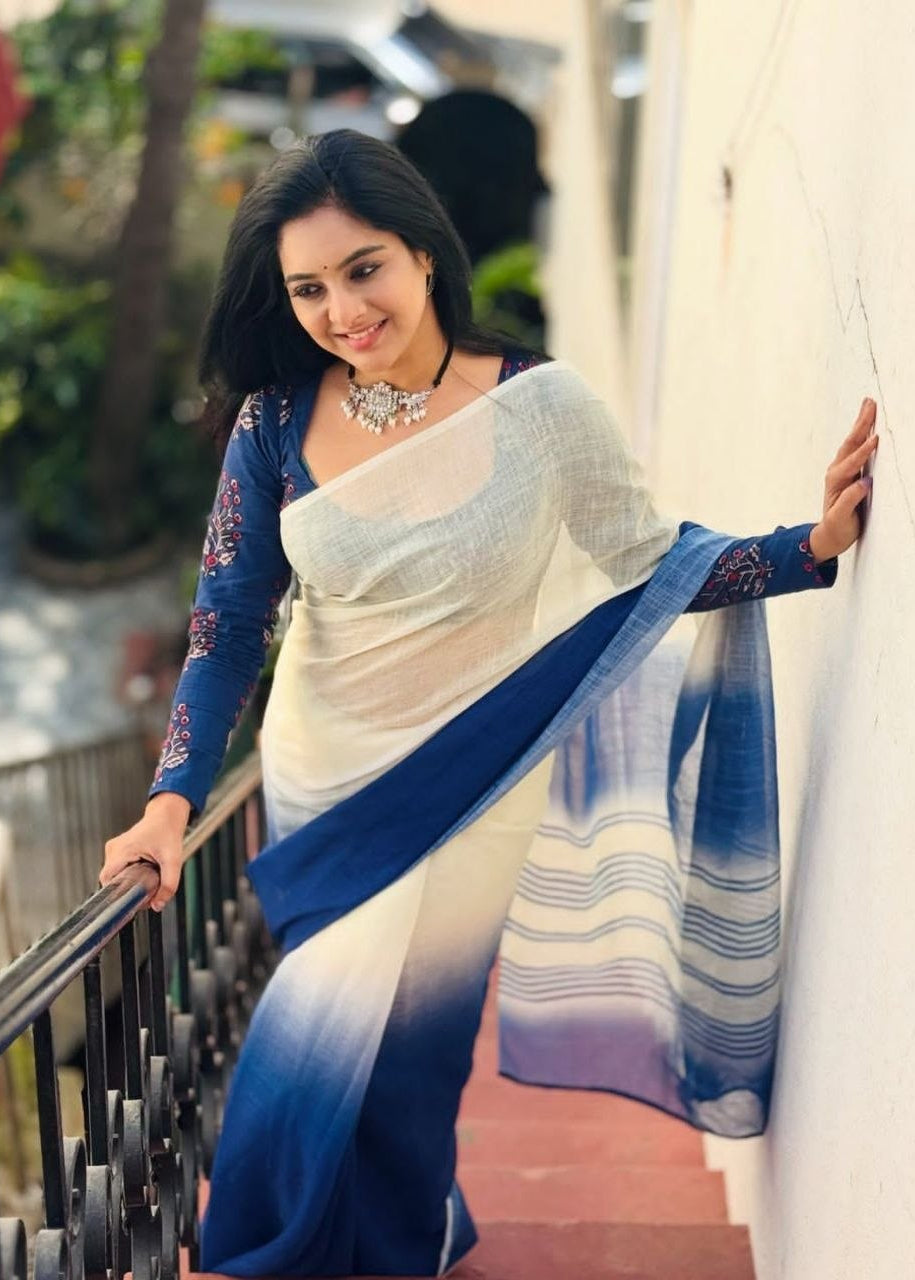 Two Shaded Digital Printed Linen Cotton Saree