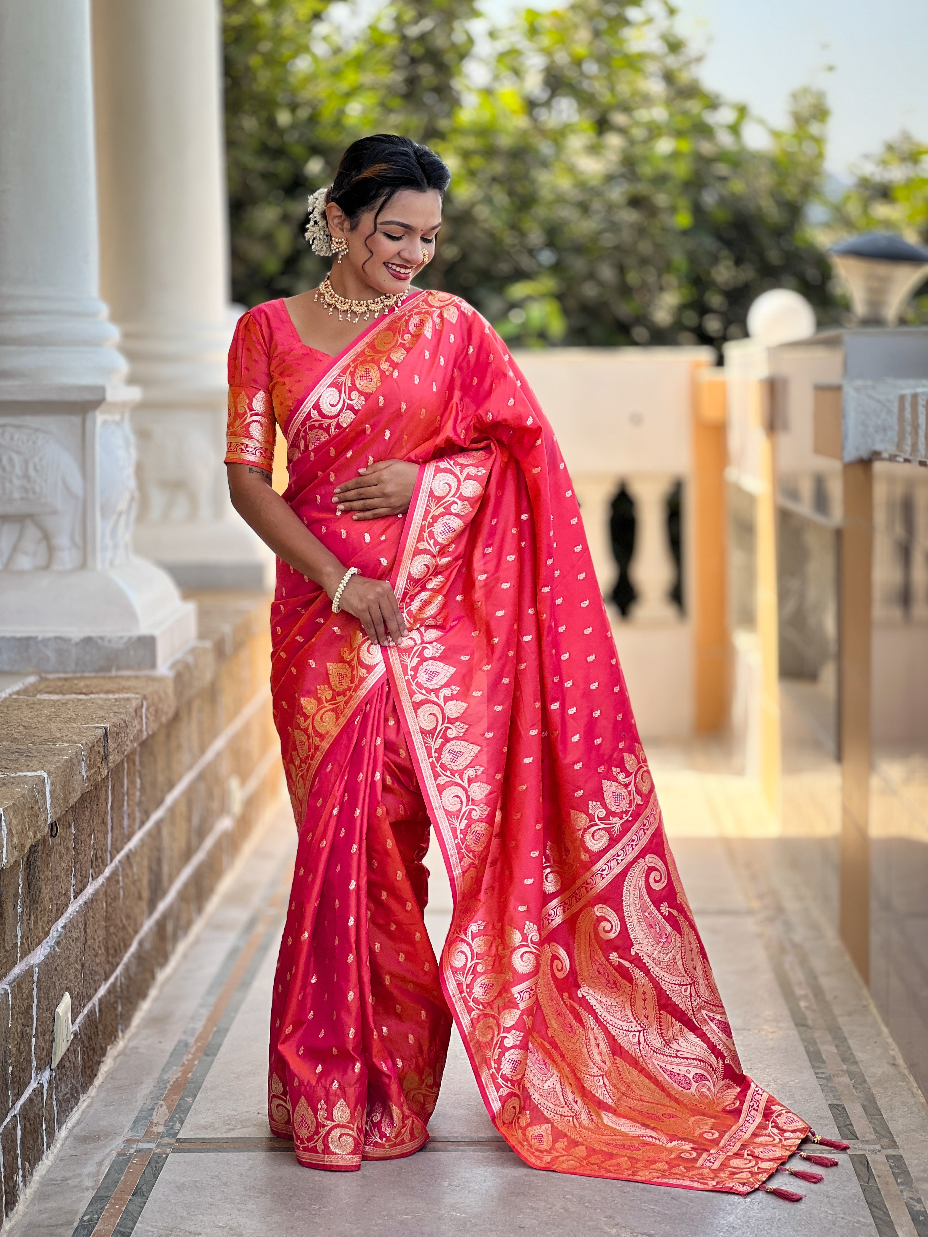 Wedding Wear Carrot Pink Soft Banarasi Silk Saree