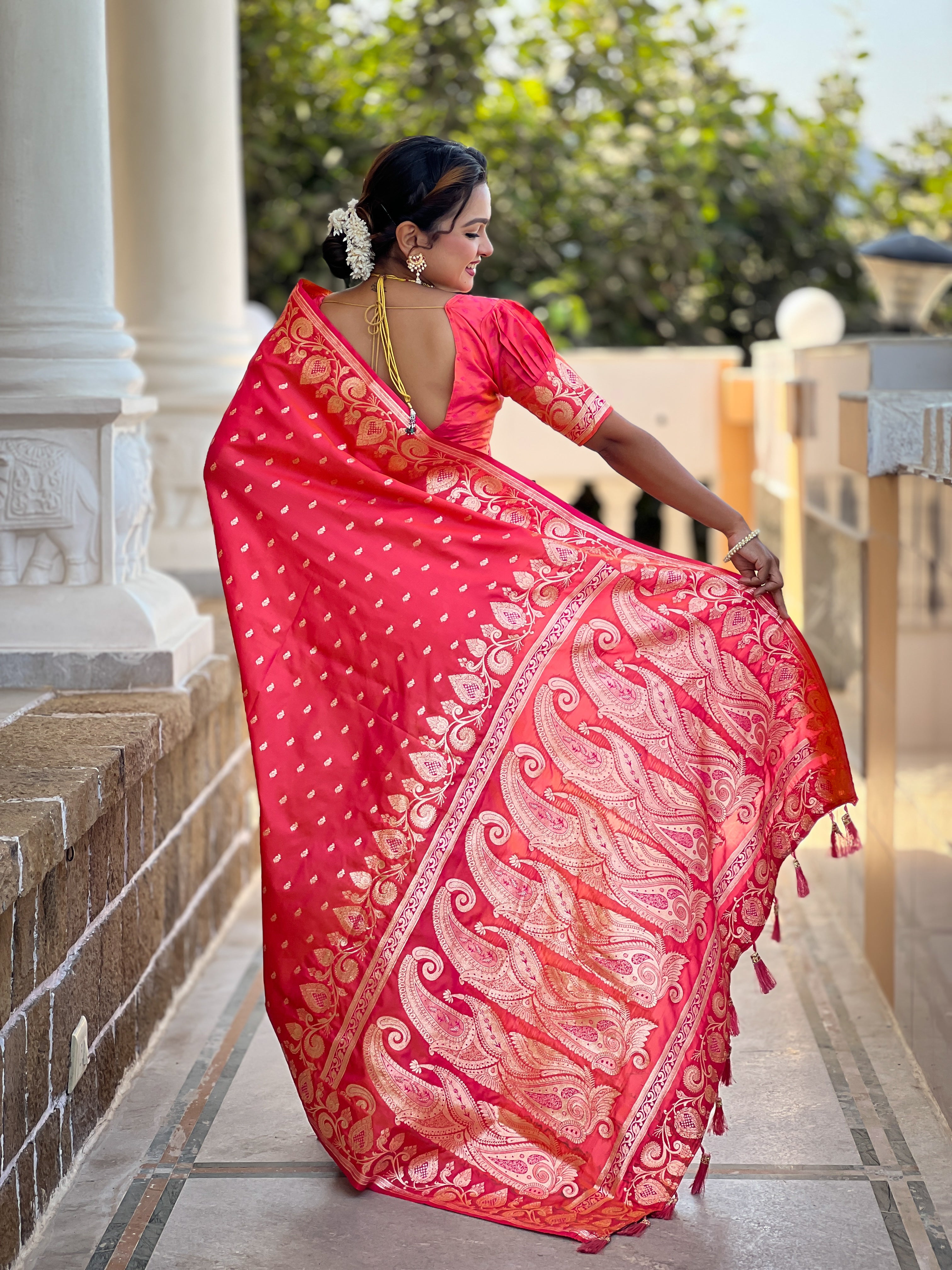 Wedding Wear Carrot Pink Soft Banarasi Silk Saree