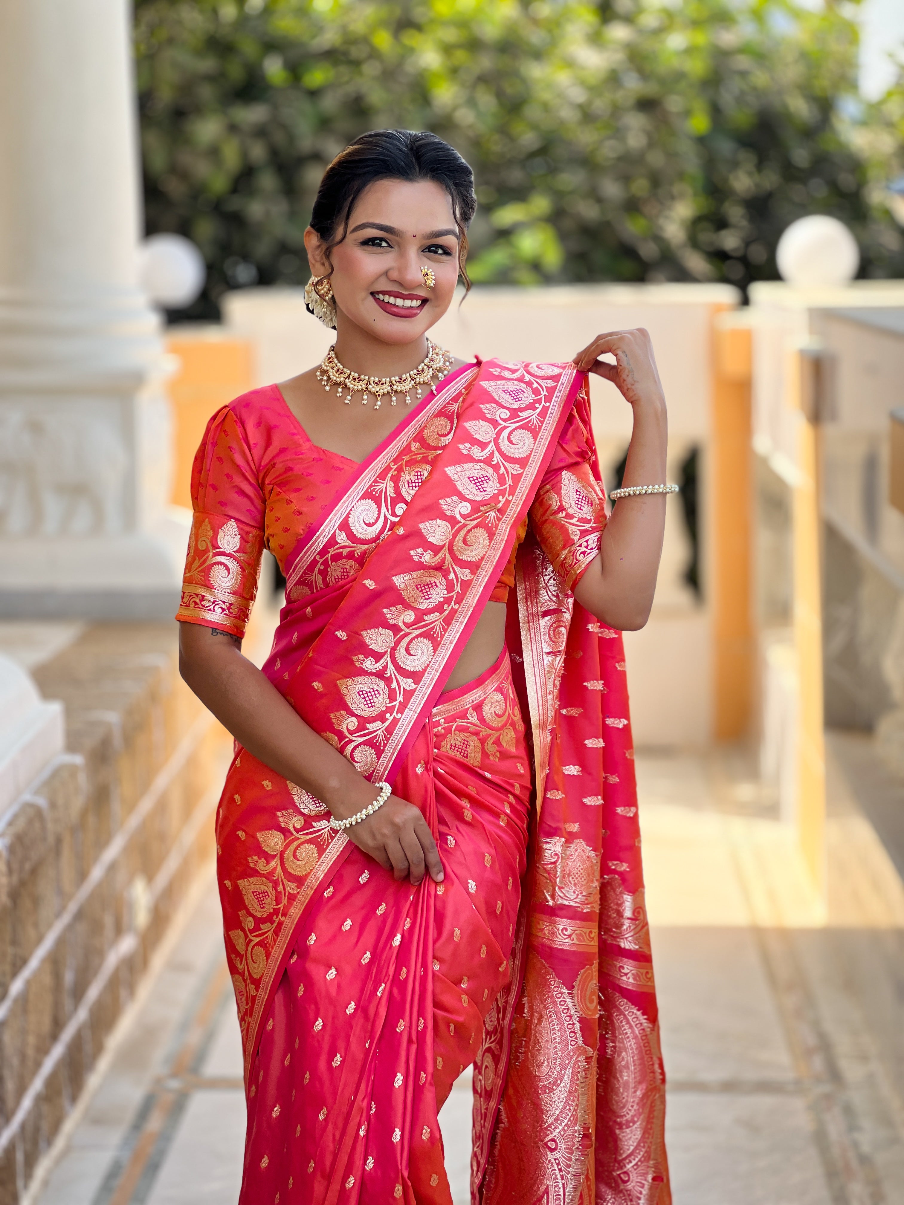Wedding Wear Carrot Pink Soft Banarasi Silk Saree