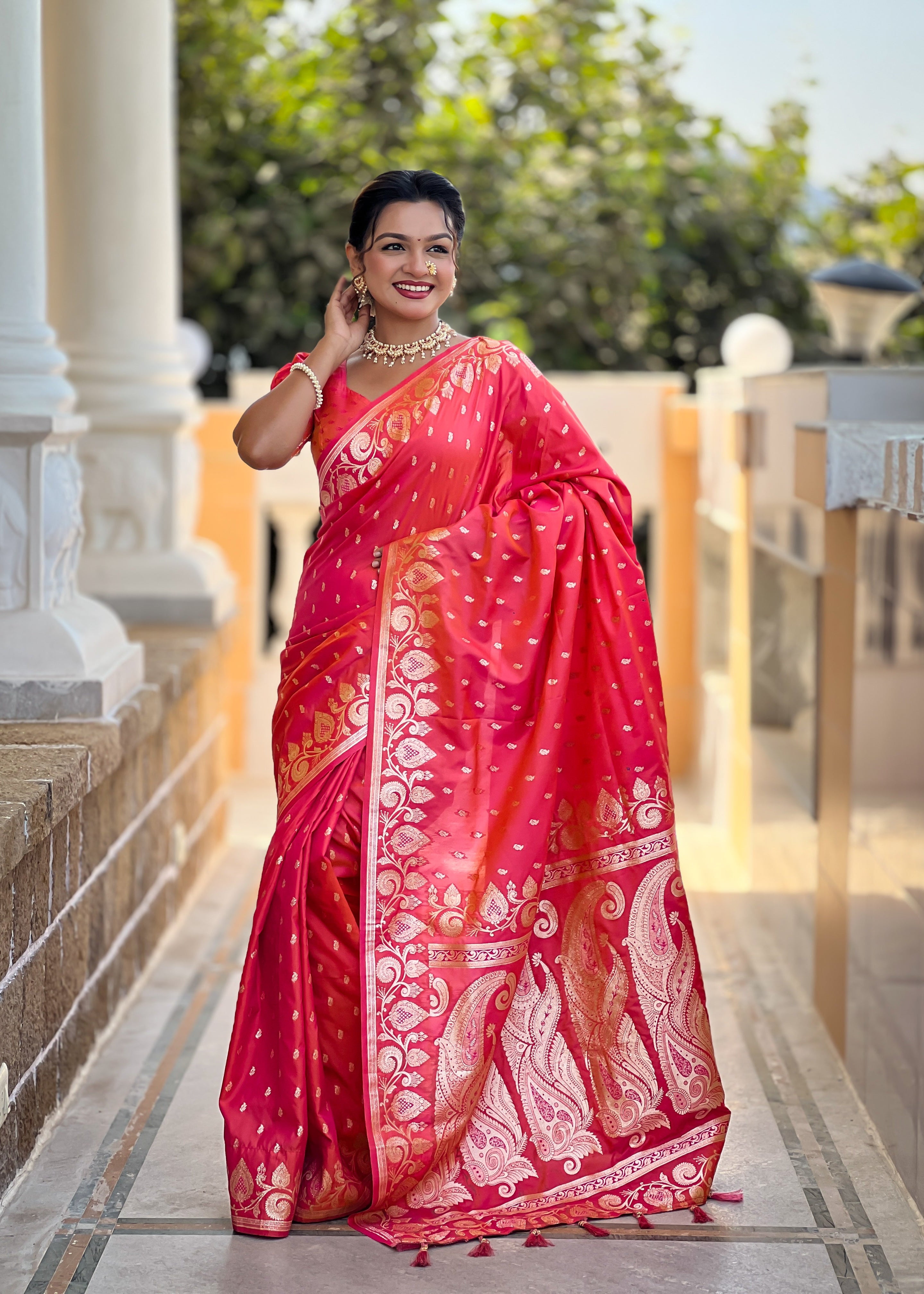 Wedding Wear Carrot Pink Soft Banarasi Silk Saree