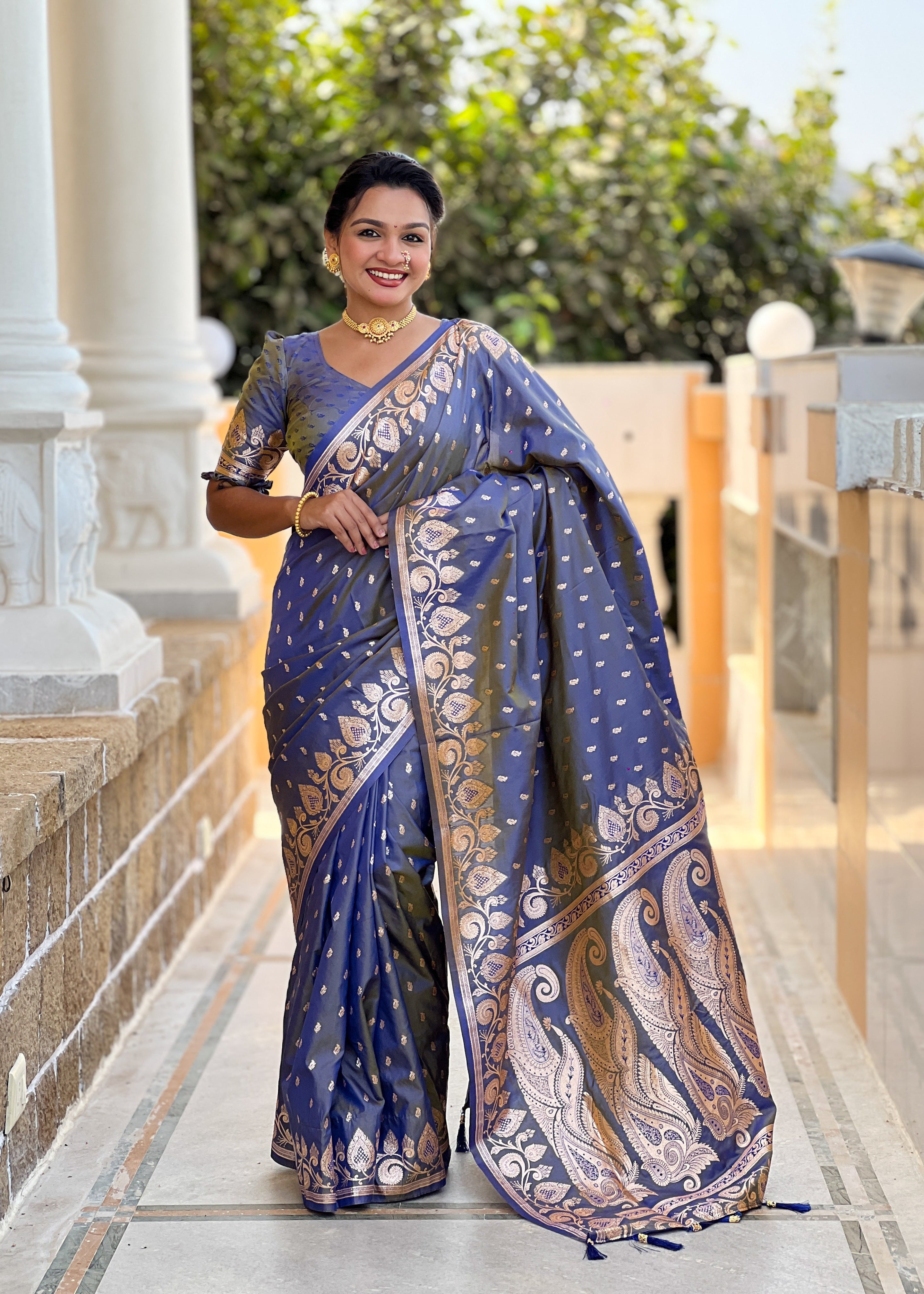 Wedding Wear Gray Soft Banarasi Silk Saree