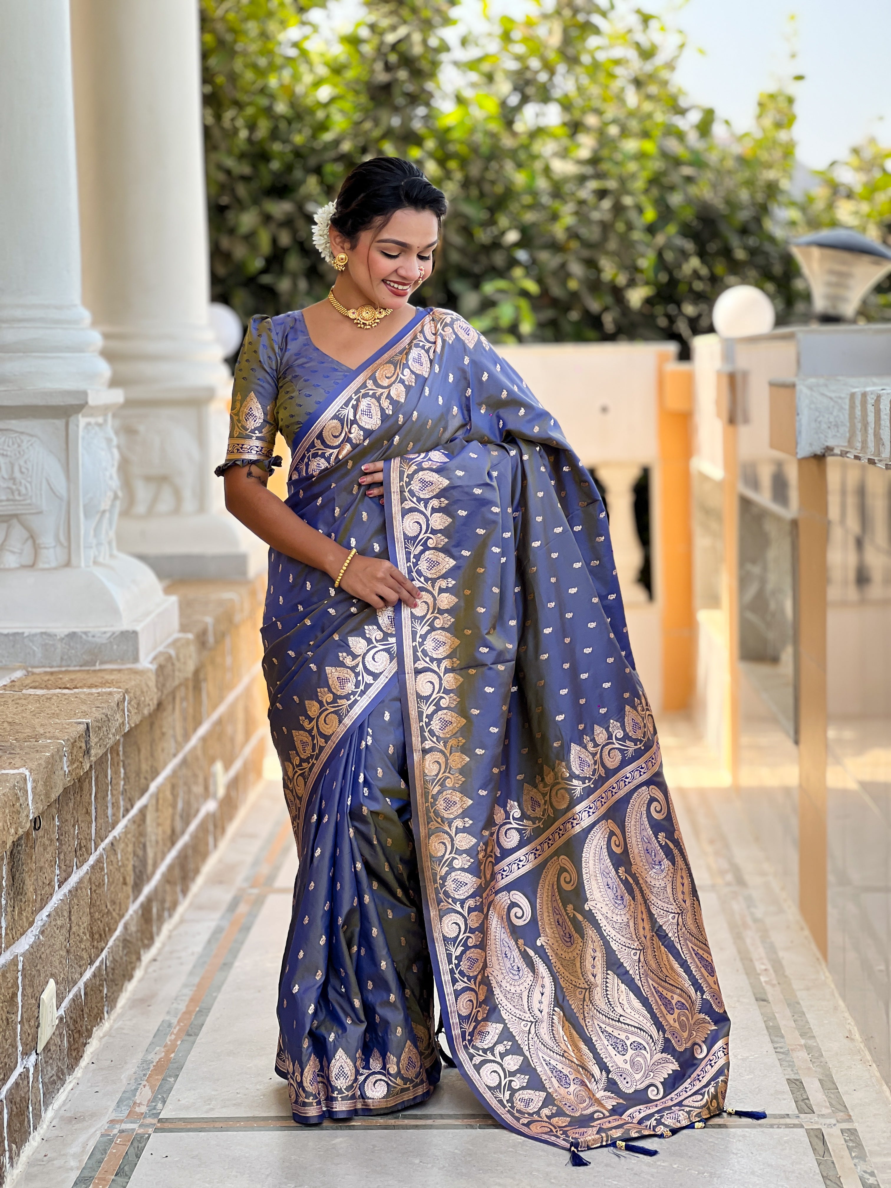 Wedding Wear Gray Soft Banarasi Silk Saree