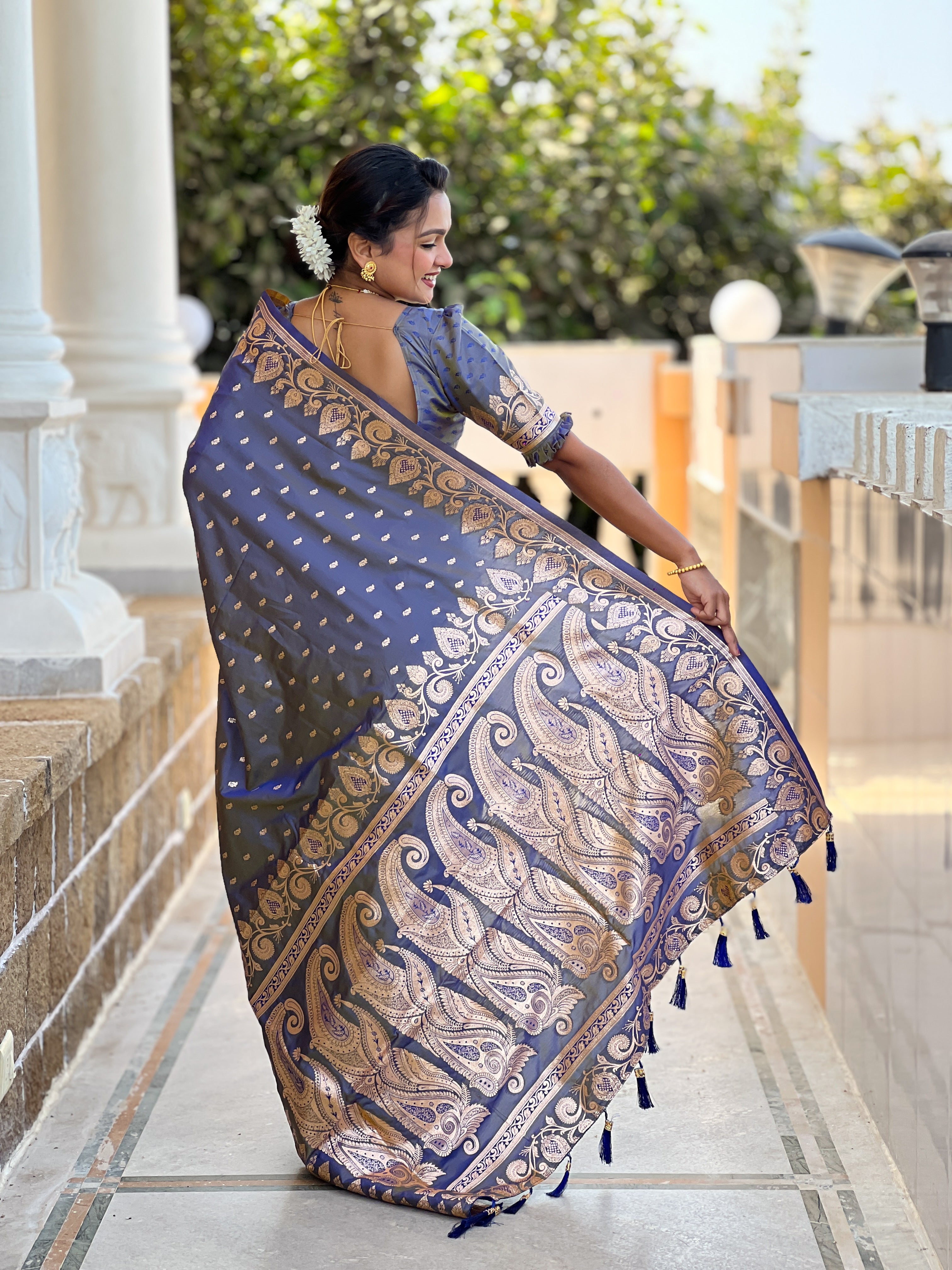Wedding Wear Gray Soft Banarasi Silk Saree
