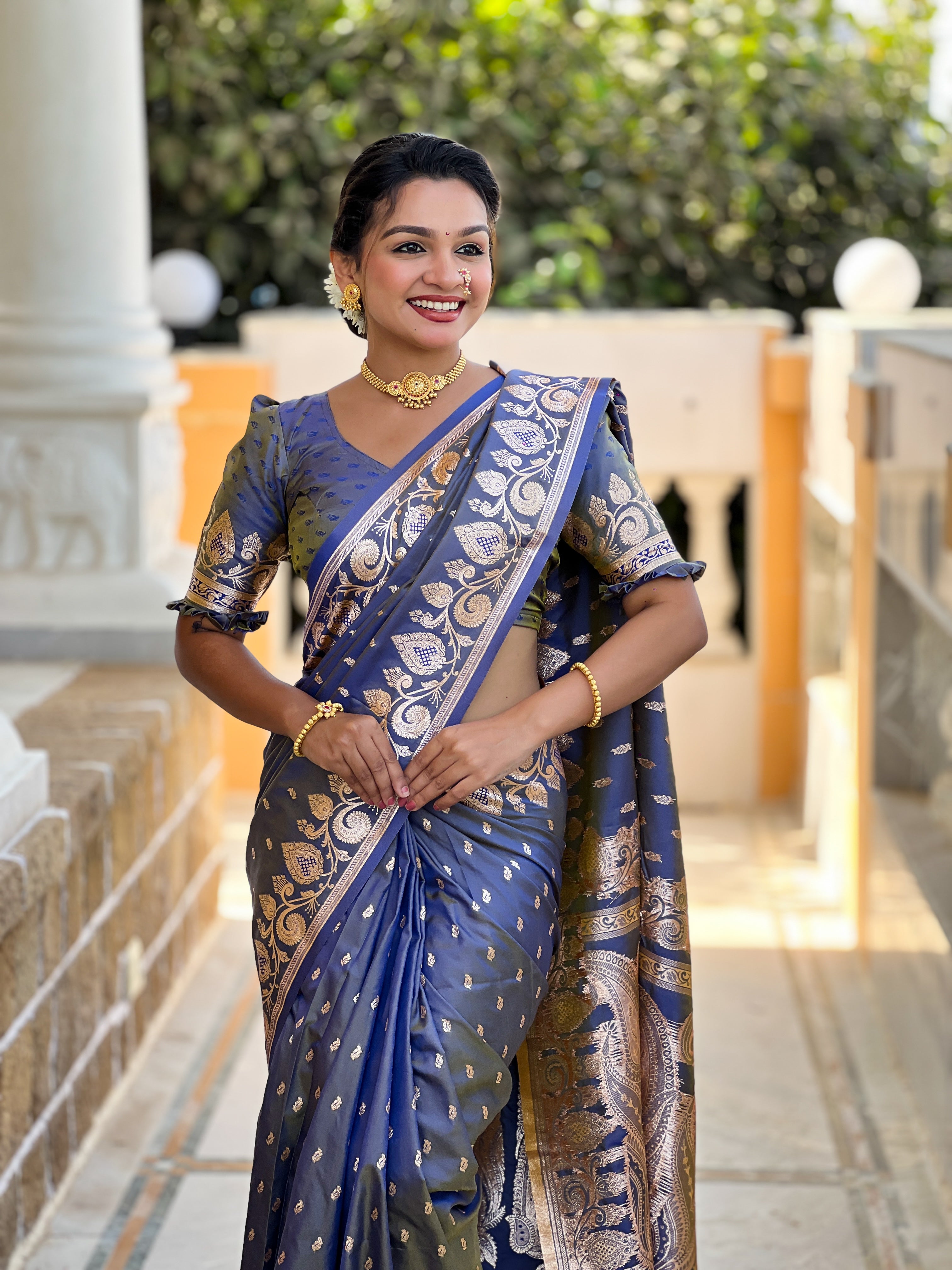 Wedding Wear Gray Soft Banarasi Silk Saree